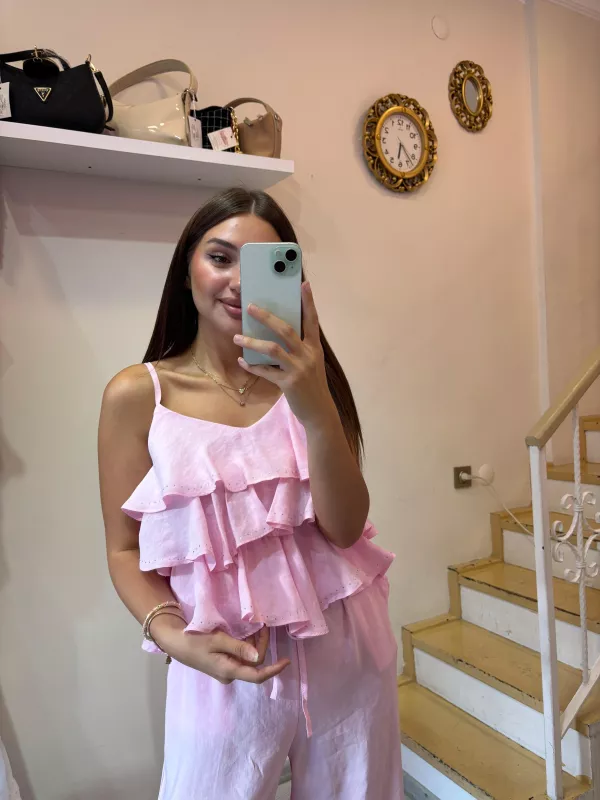 Askılı Fırfırlı Bluz Pantolon İkili Takım