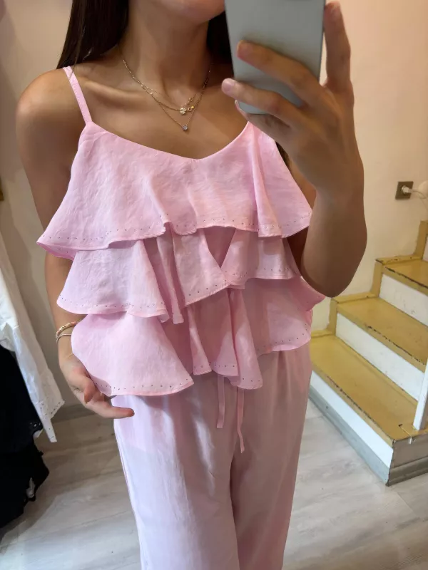 Askılı Fırfırlı Bluz Pantolon İkili Takım