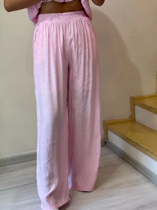 Tensel Kumaş Taşlı Yelek Pantolon Takım