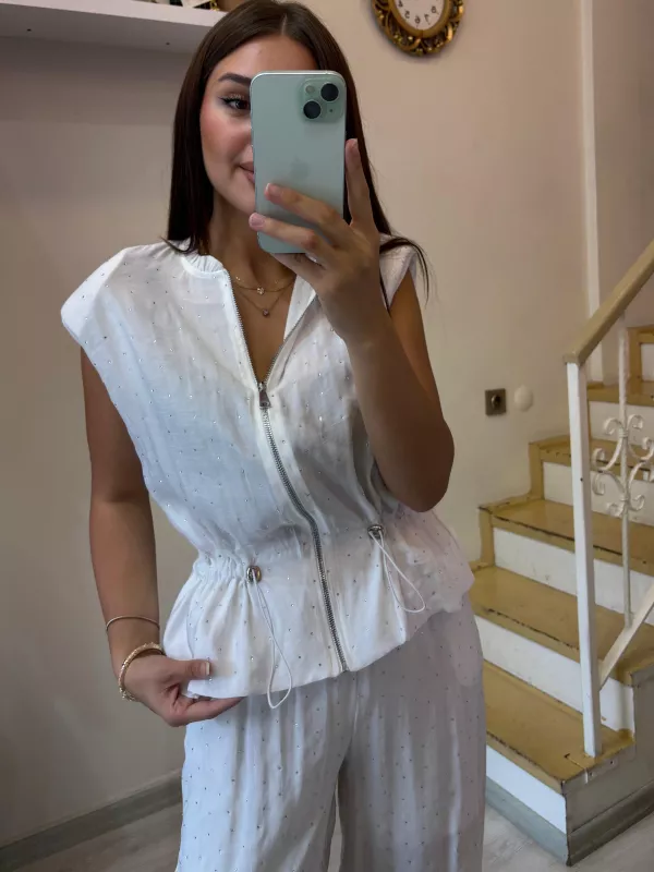 Tensel Kumaş Taşlı Yelek Pantolon Takım