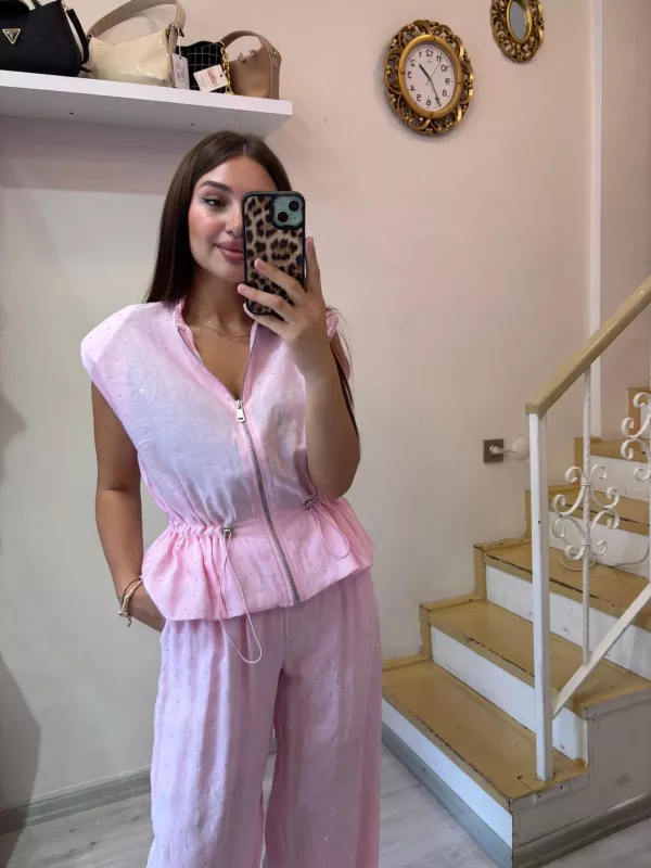 Tensel Kumaş Taşlı Yelek Pantolon Takım
