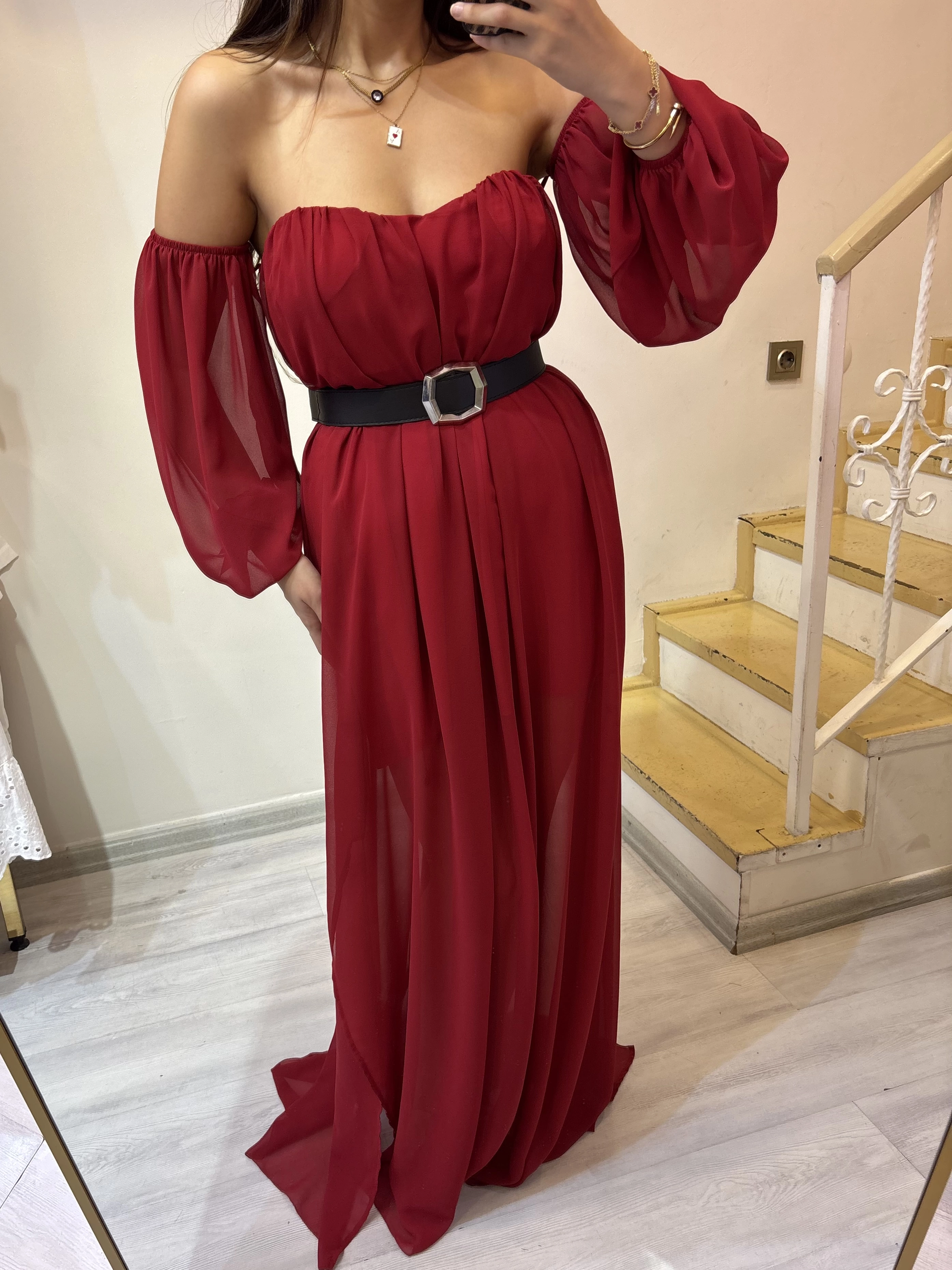 Straplez Şifon Elbise 