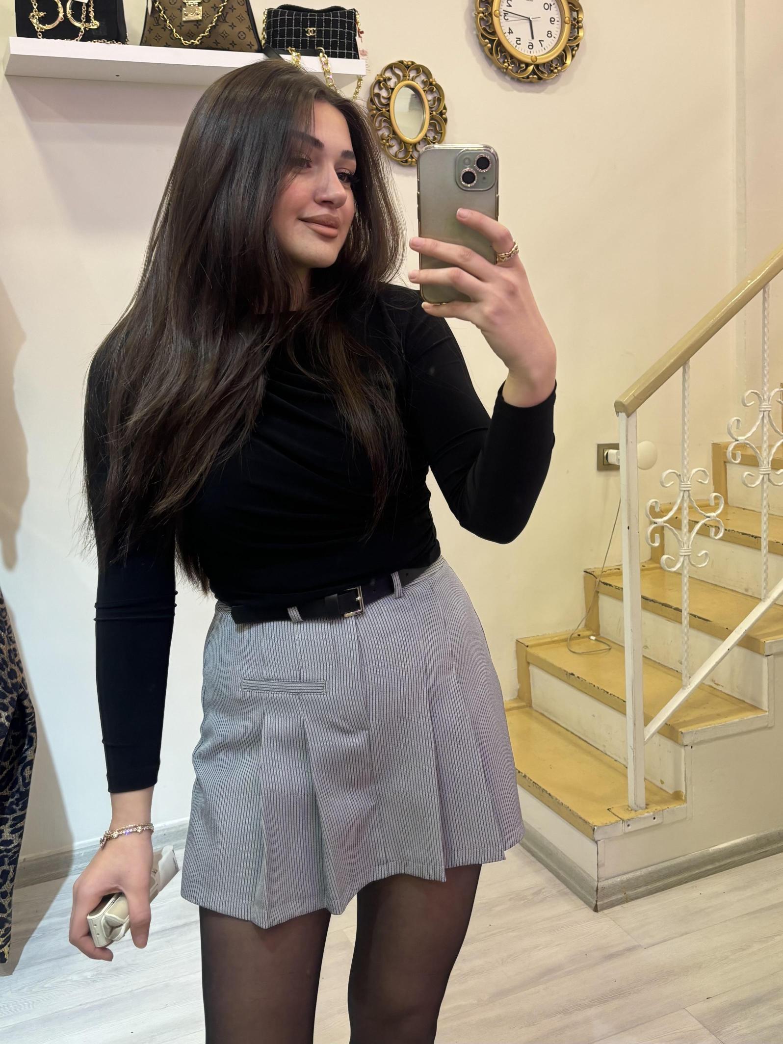 Ekose Kemerli Şortlu Etek