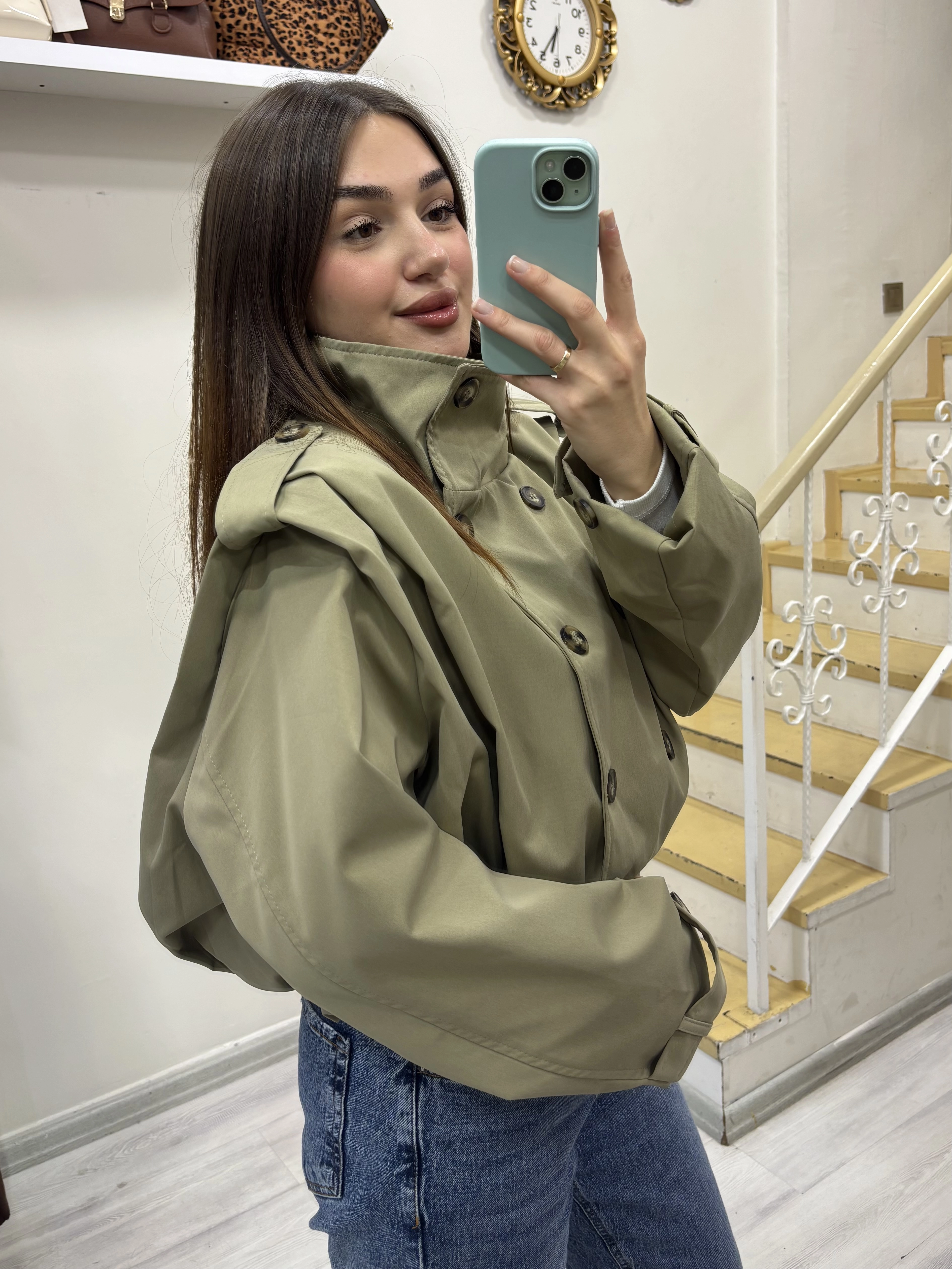 Dik Yaka Pileli Bomber Trençkot