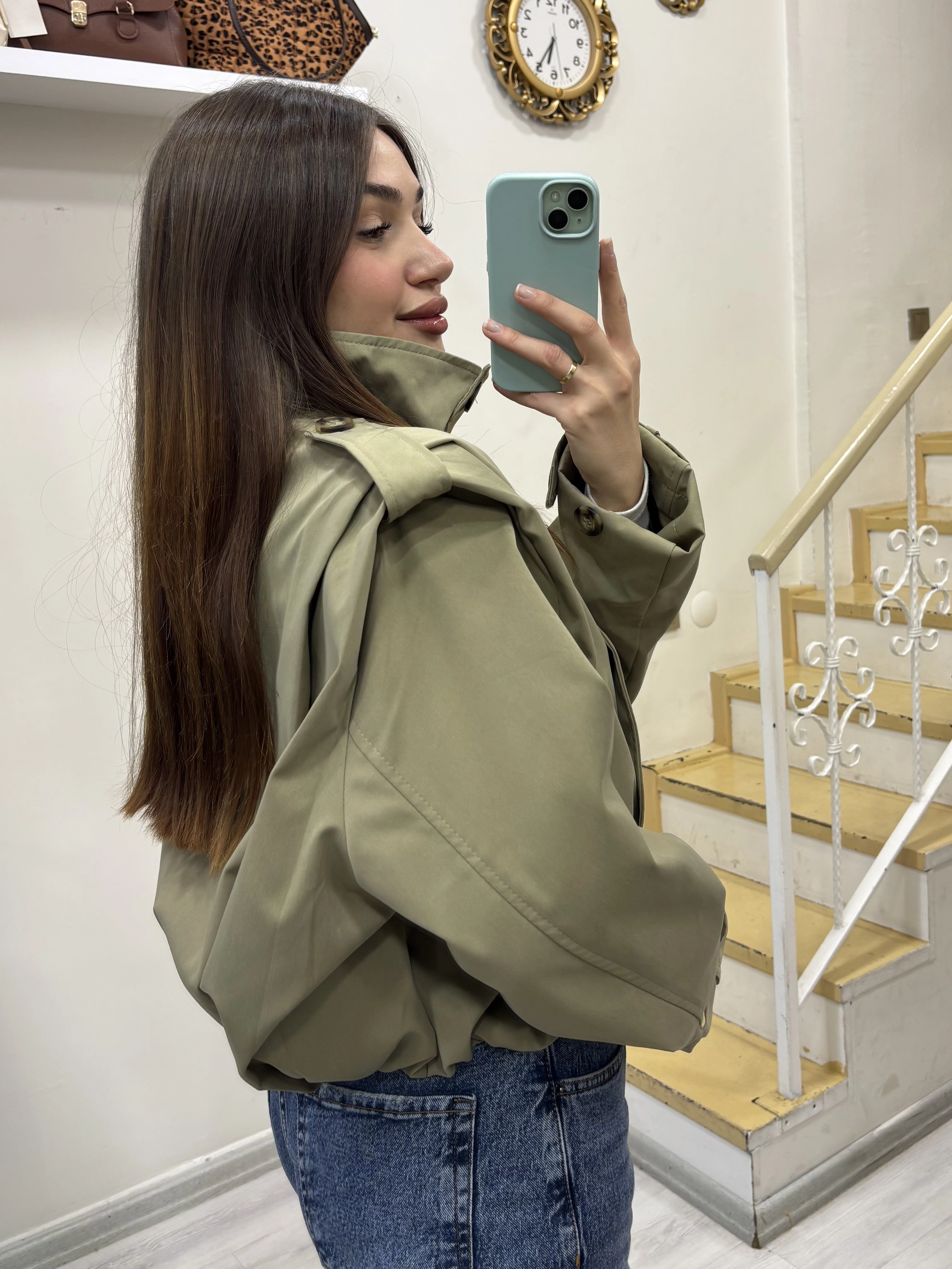 Dik Yaka Pileli Bomber Trençkot