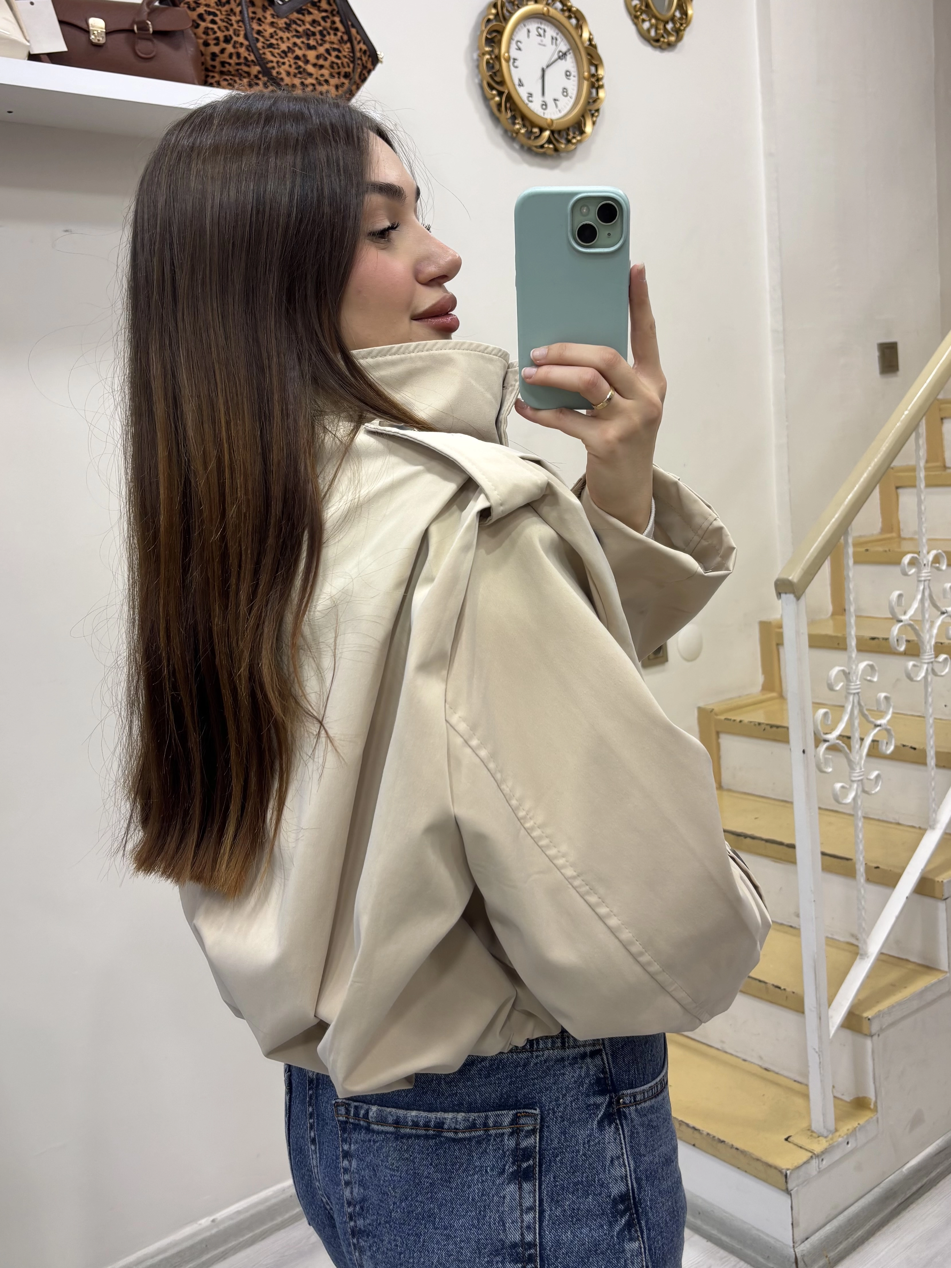 Dik Yaka Pileli Bomber Trençkot