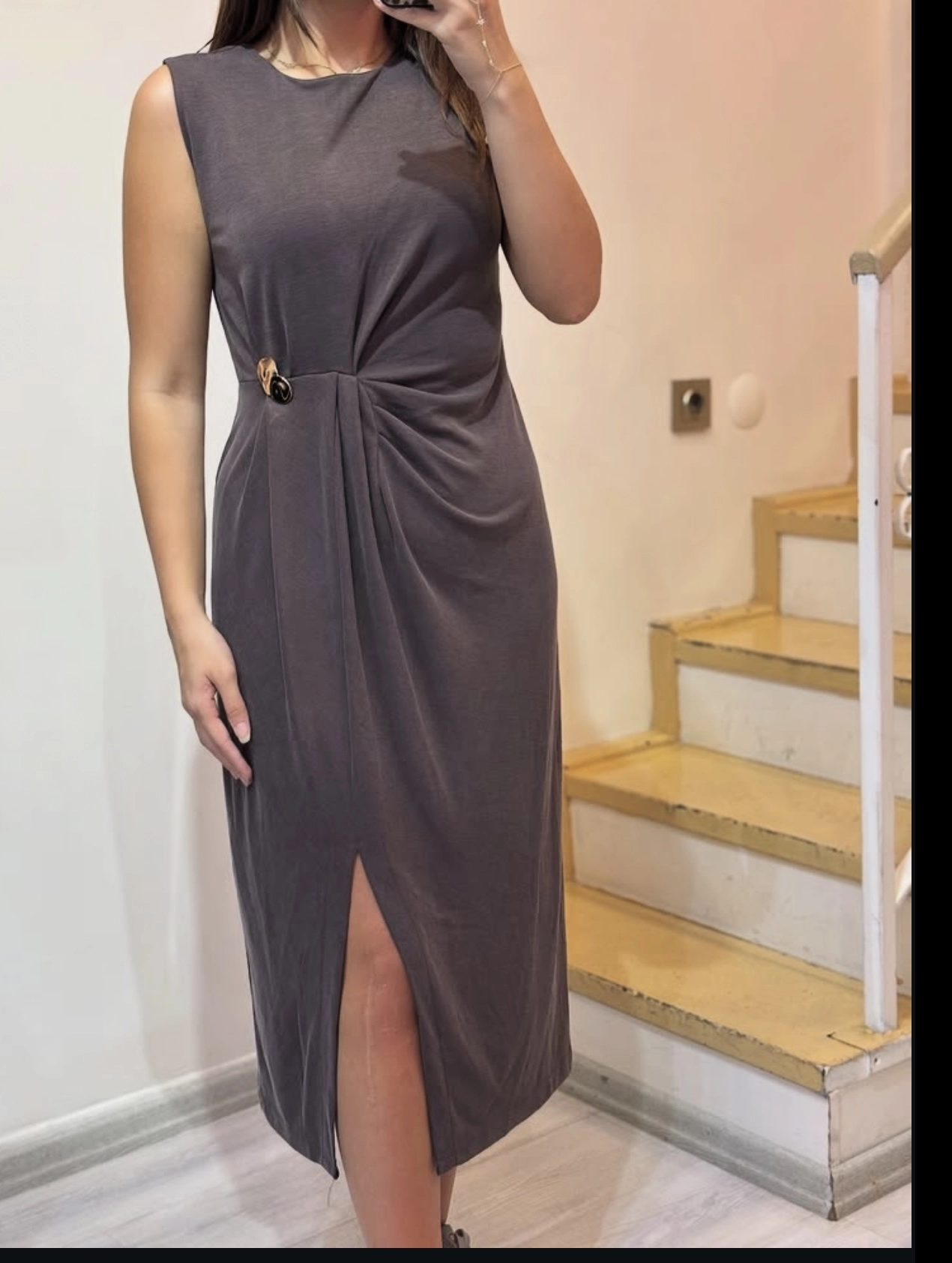 Gold Tokalı Yırtmaçlı Elbise