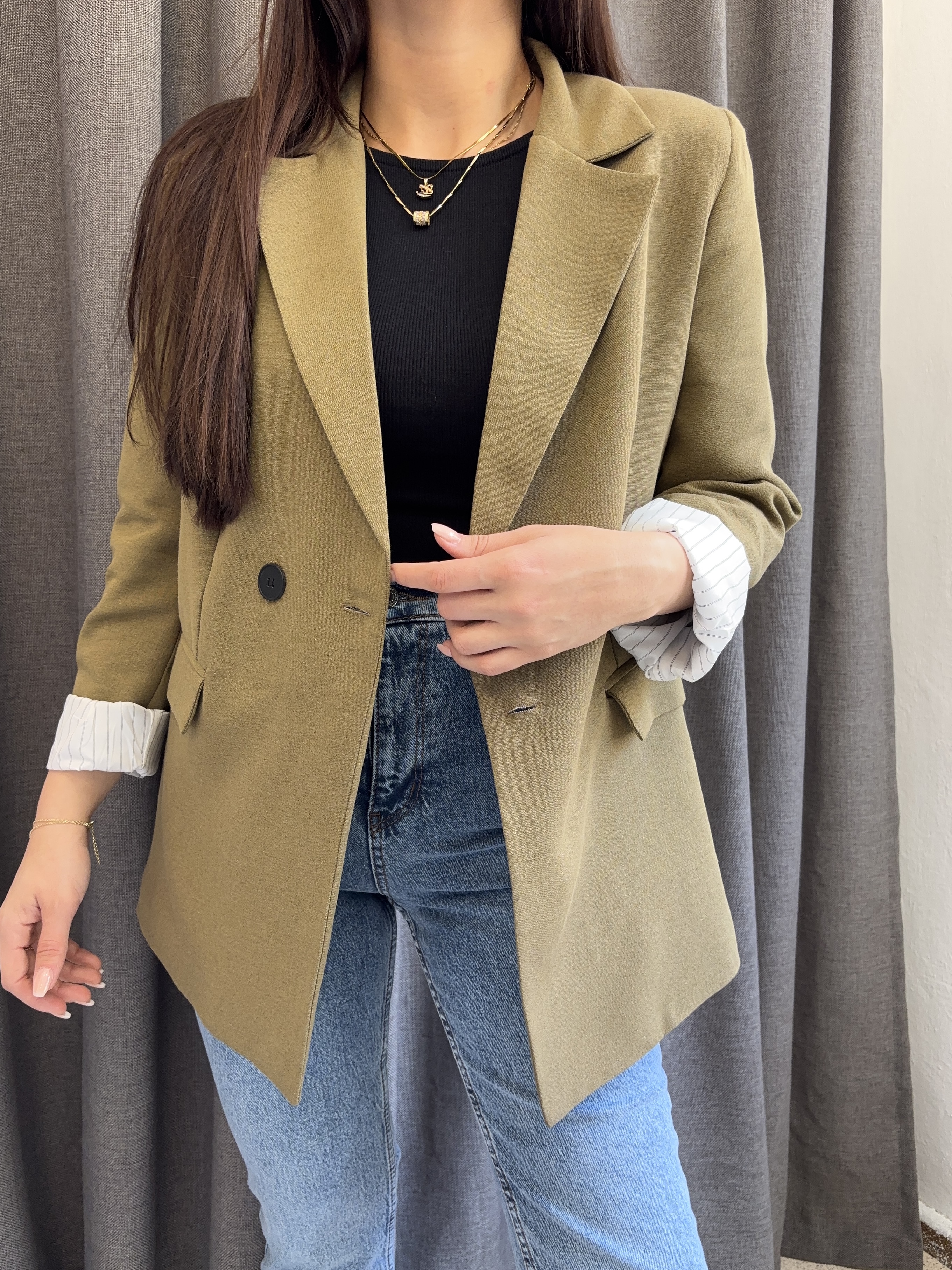 Çizgili Astarlı Keten Blazer Ceket