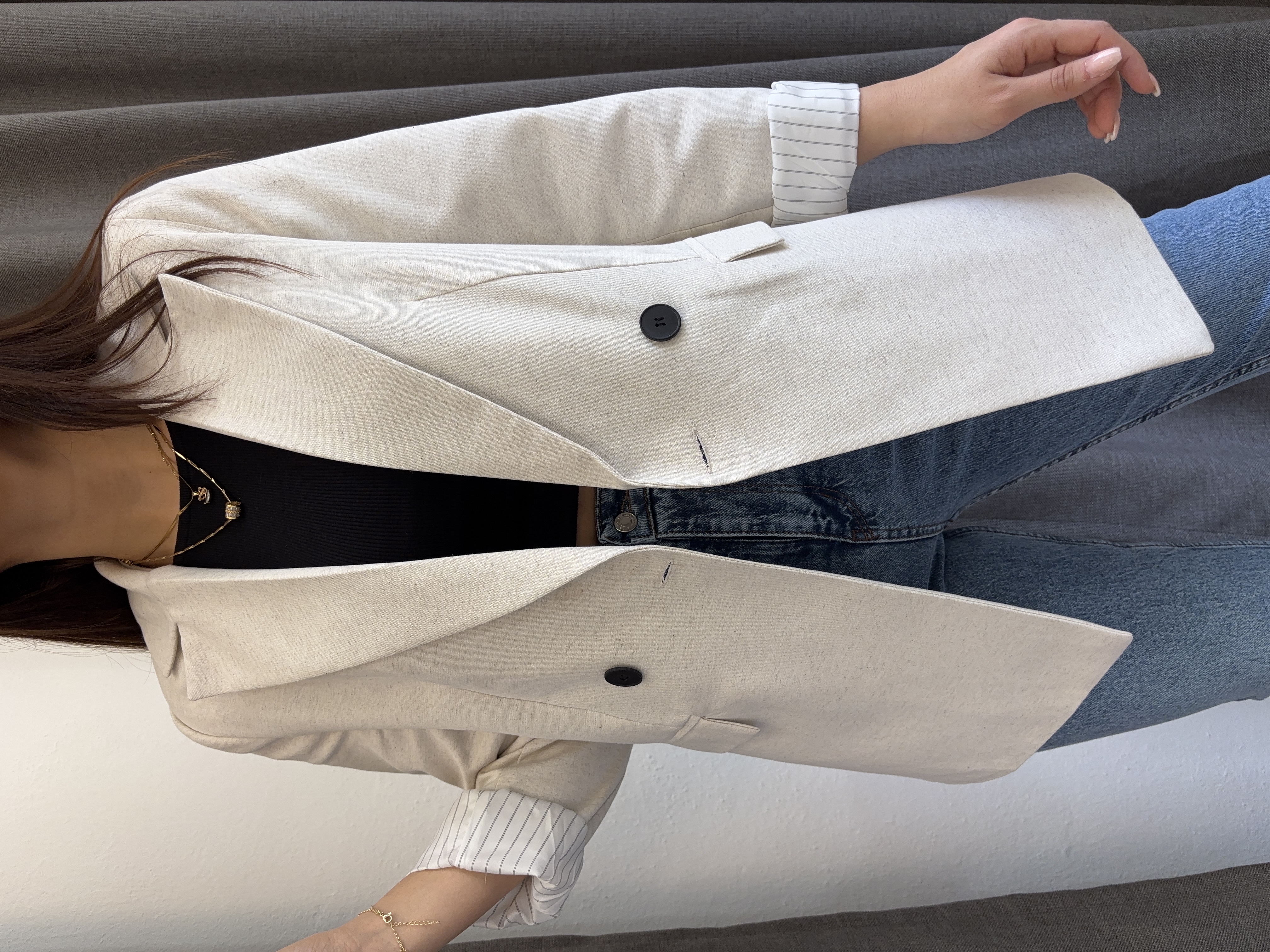 Çizgili Astarlı Keten Blazer Ceket