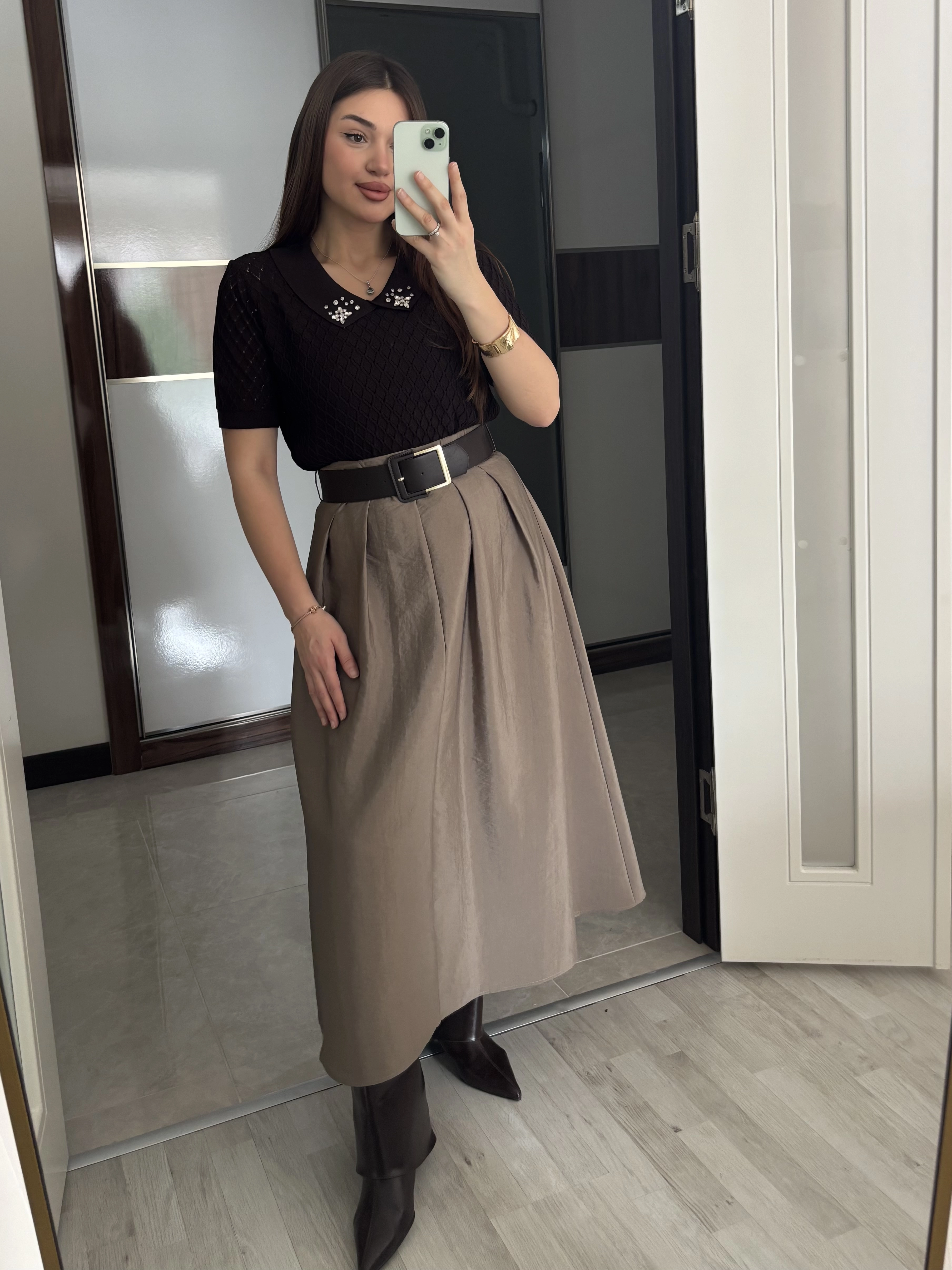 Kemerli Pileli Etek 