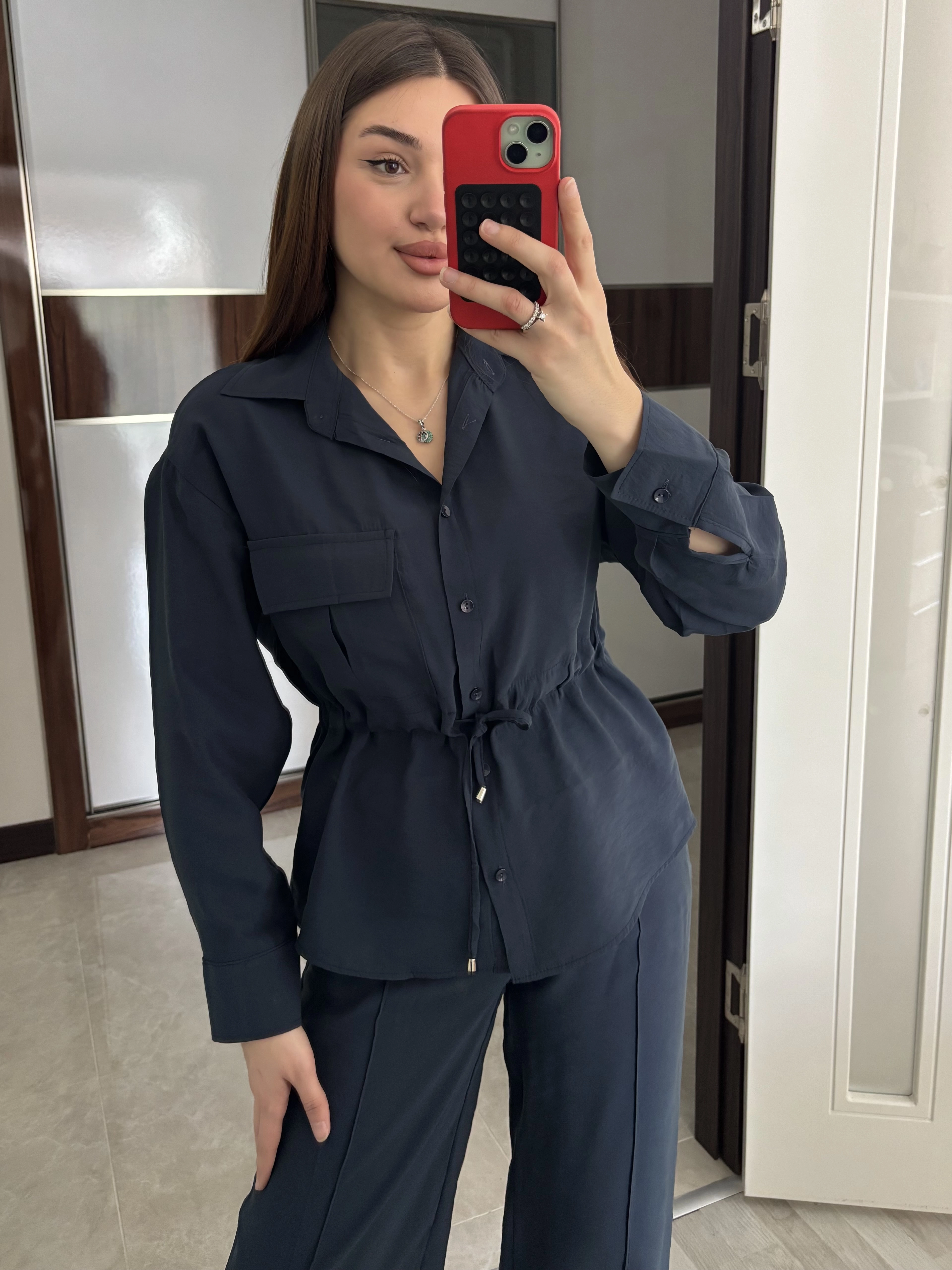 Bel Bağcıklı Gömlek Pantolon İkili Takım