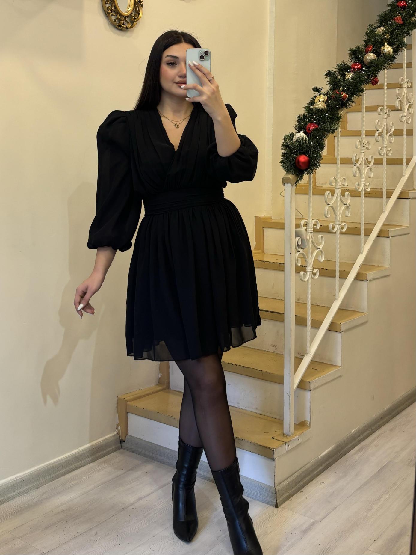 V Yaka Mini Kloş Elbise
