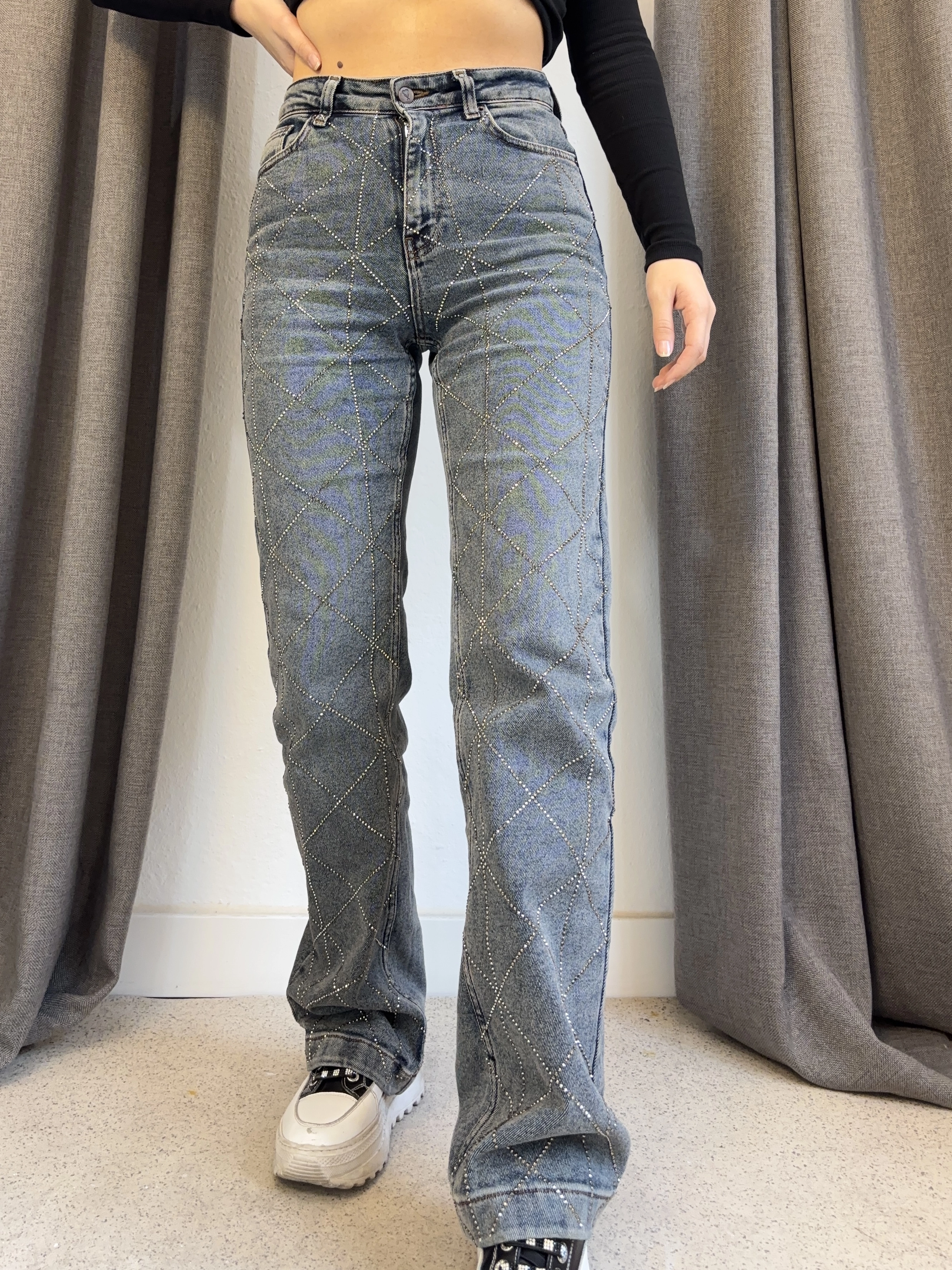 Baklava Dilim Taşlı Straight Model Jean