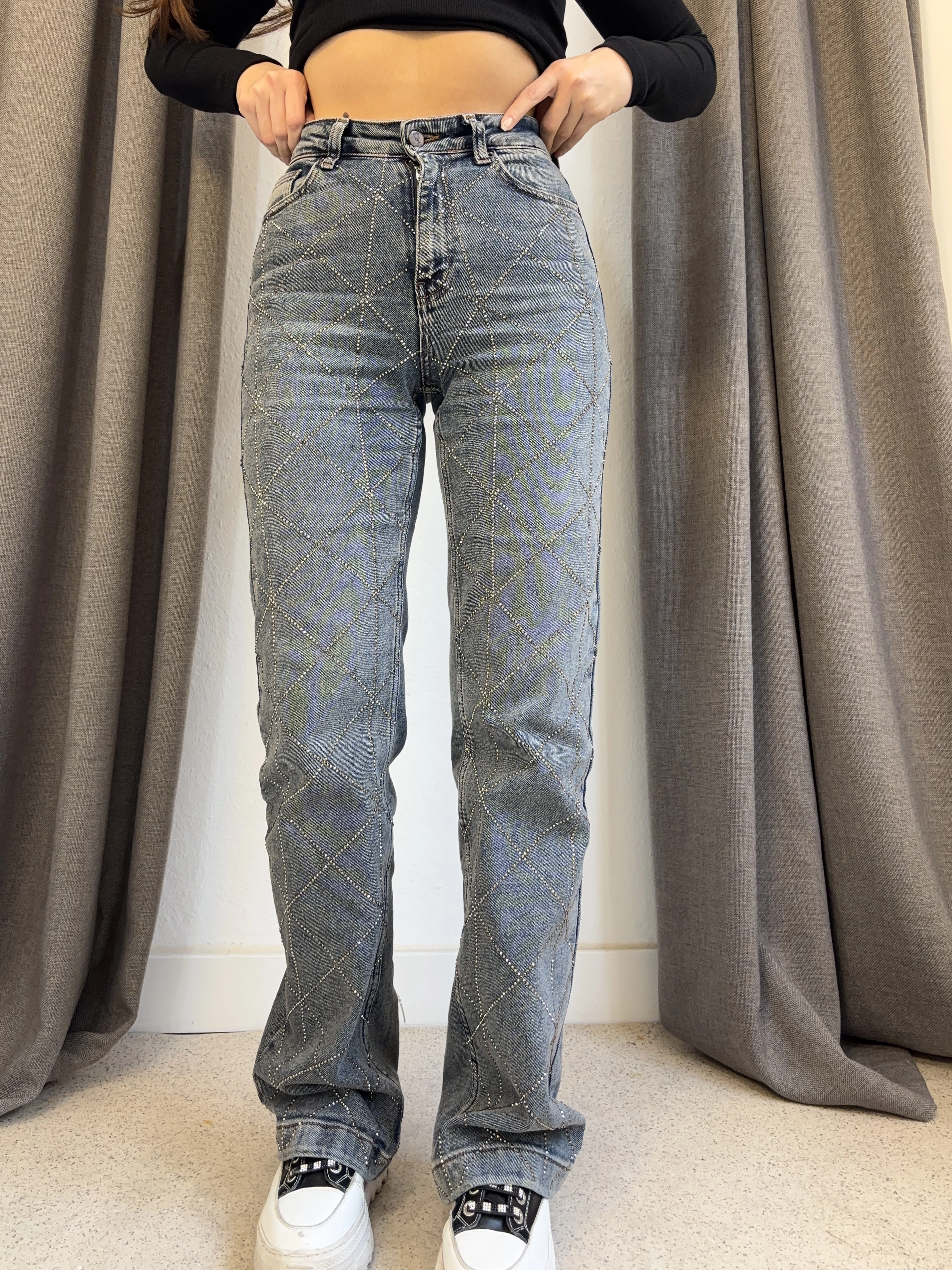 Baklava Dilim Taşlı Straight Model Jean