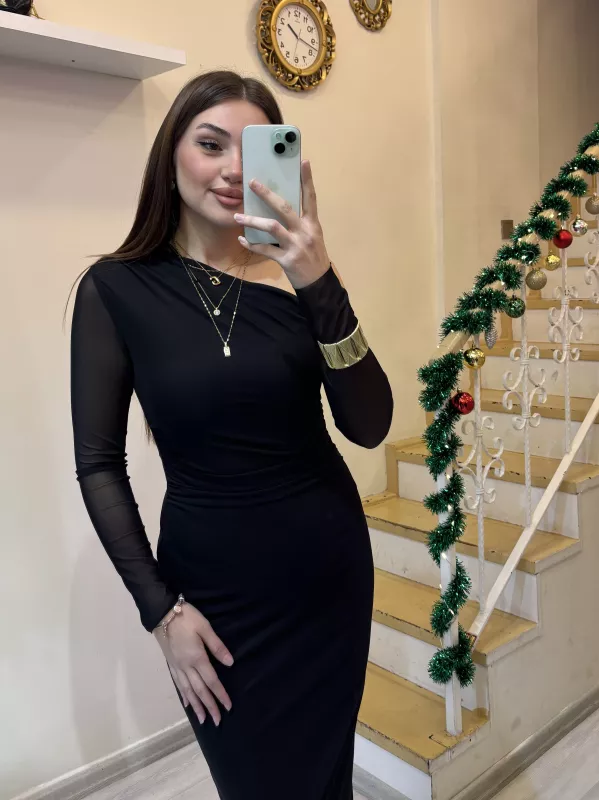 Düşük Omuz Tül Elbise 