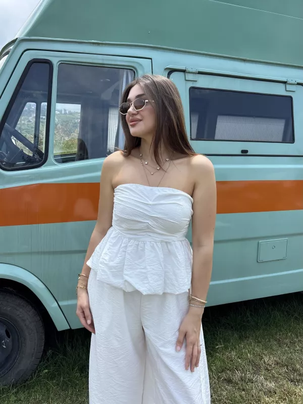 Straplez Gipeli Bluz Şalvar İkili Takım