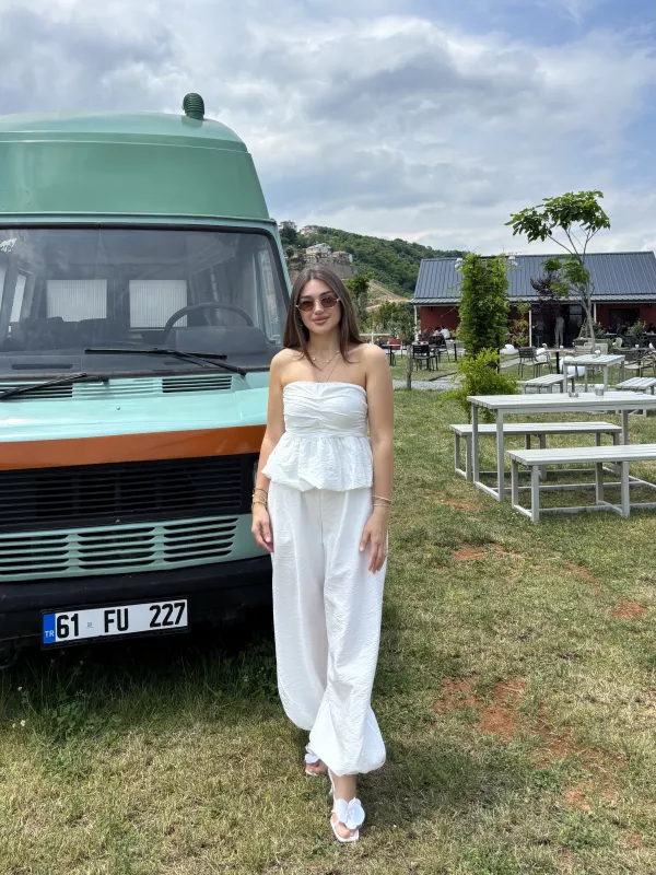 Straplez Gipeli Bluz Şalvar İkili Takım
