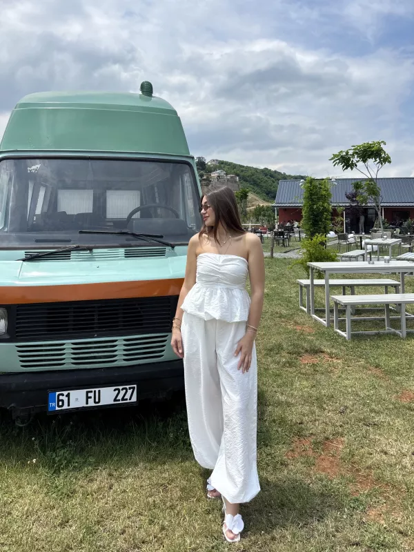 Straplez Gipeli Bluz Şalvar İkili Takım
