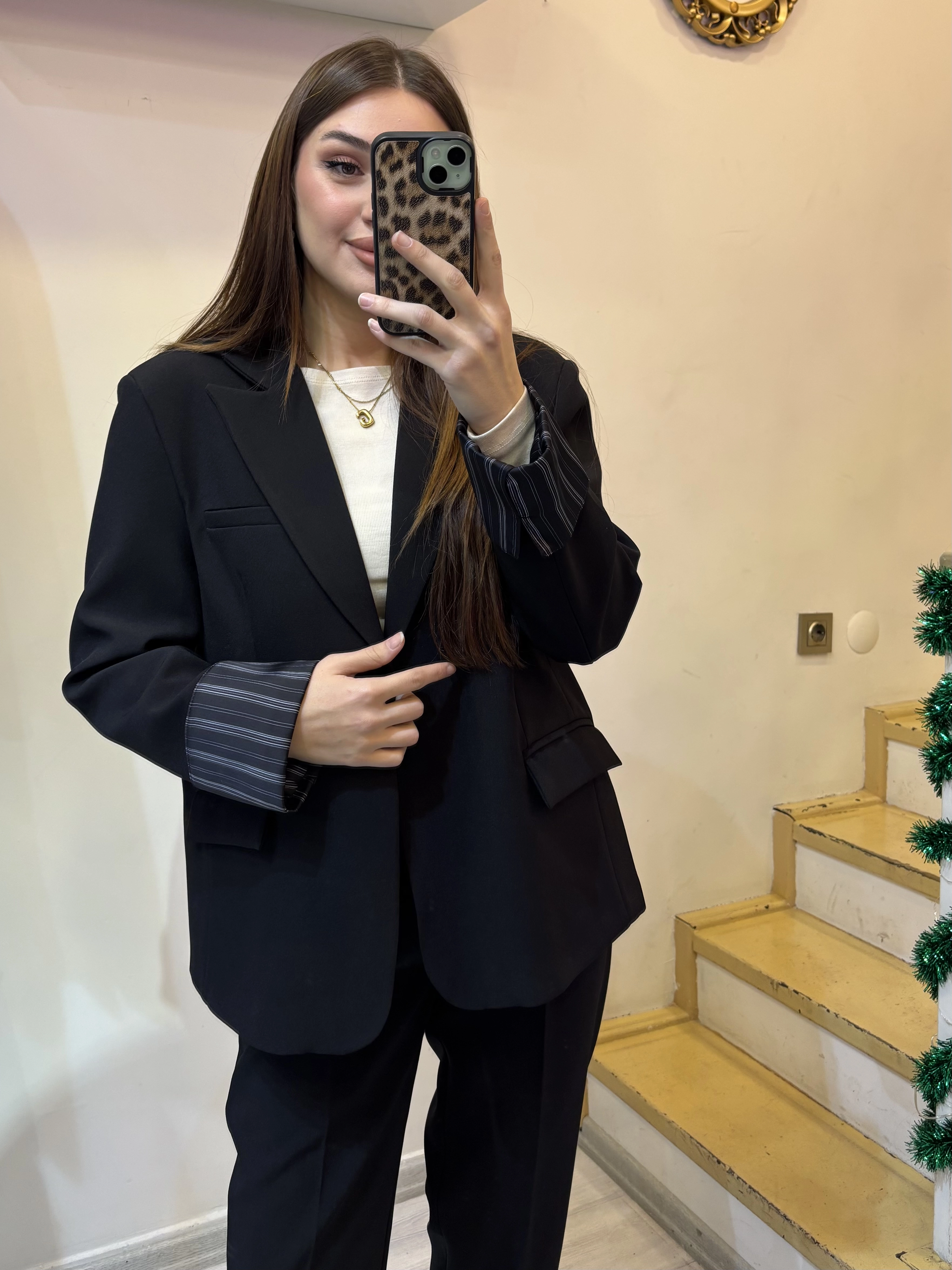 Çizgili Astarlı Atlas Blazer Oversize Ceket