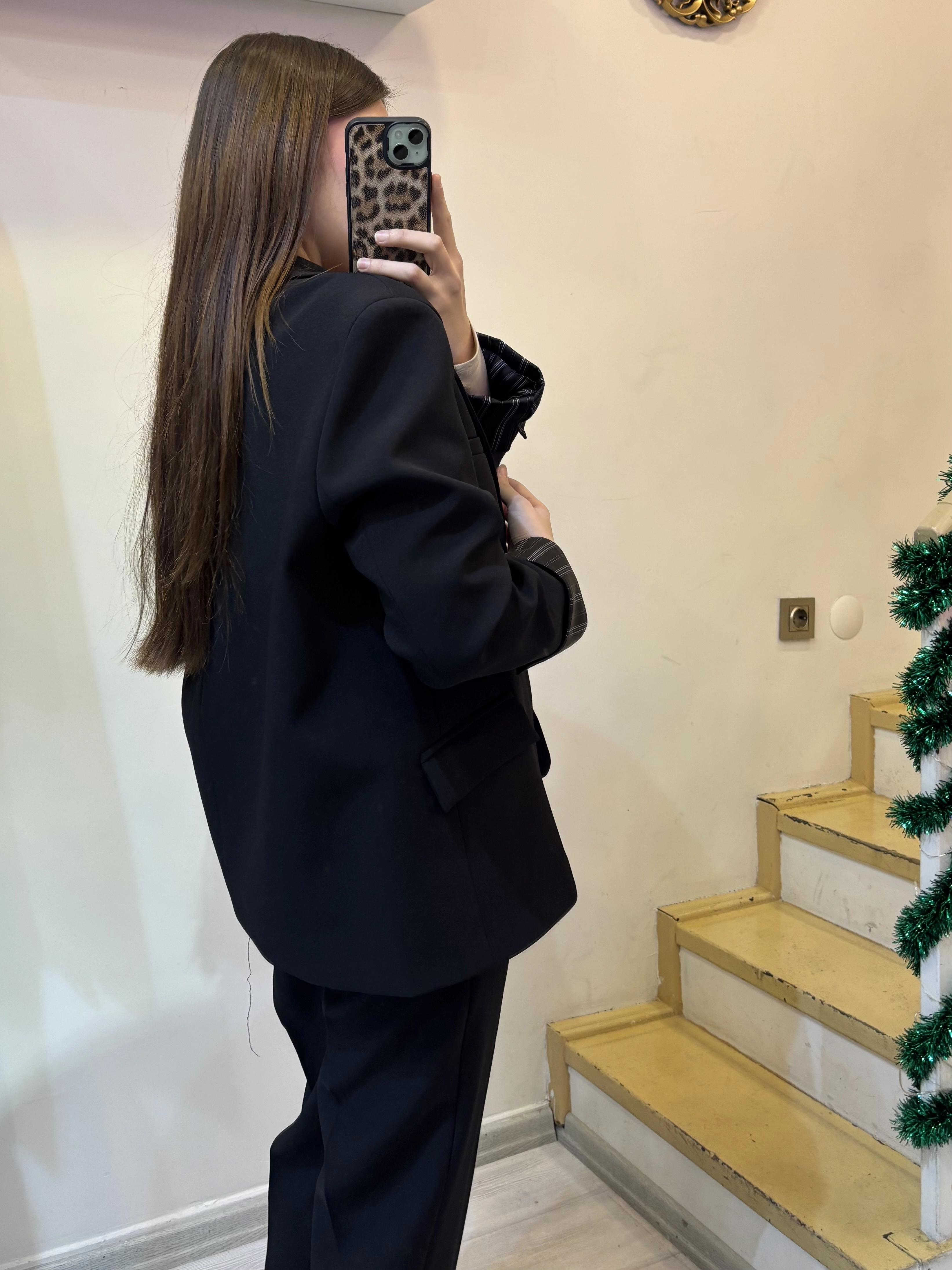 Çizgili Astarlı Atlas Blazer Oversize Ceket
