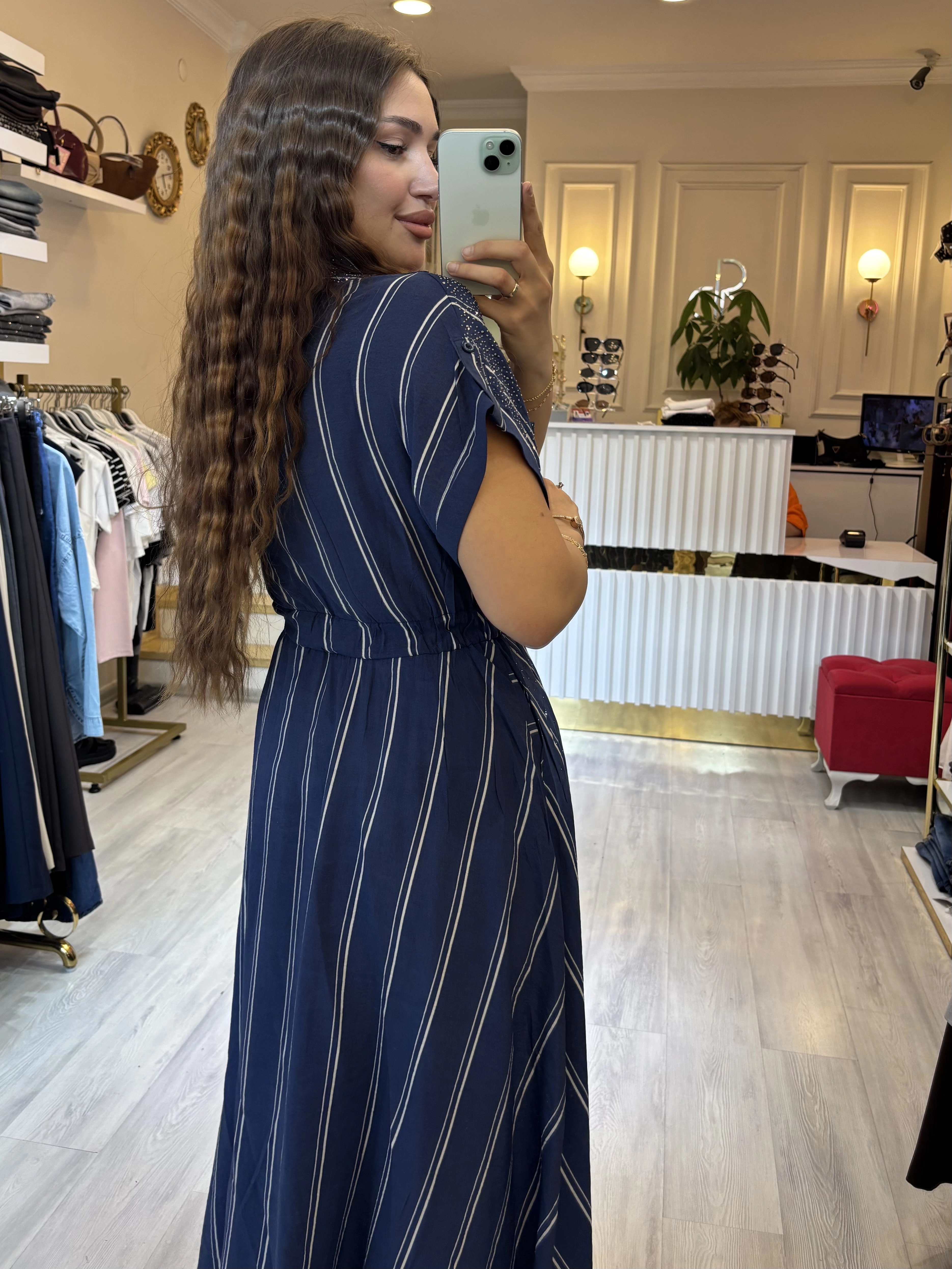 Serpme Taşlı Çizgili Elbise