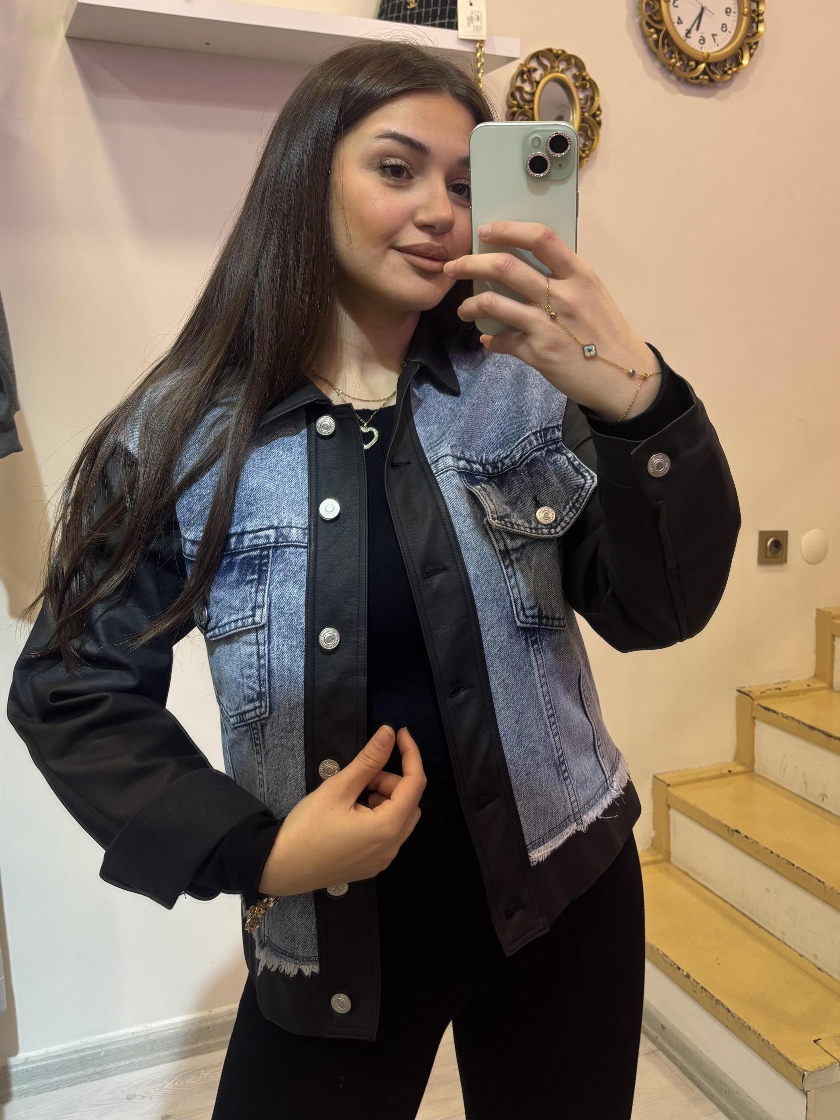 Tasarım Deri Detaylı Kot Ceket