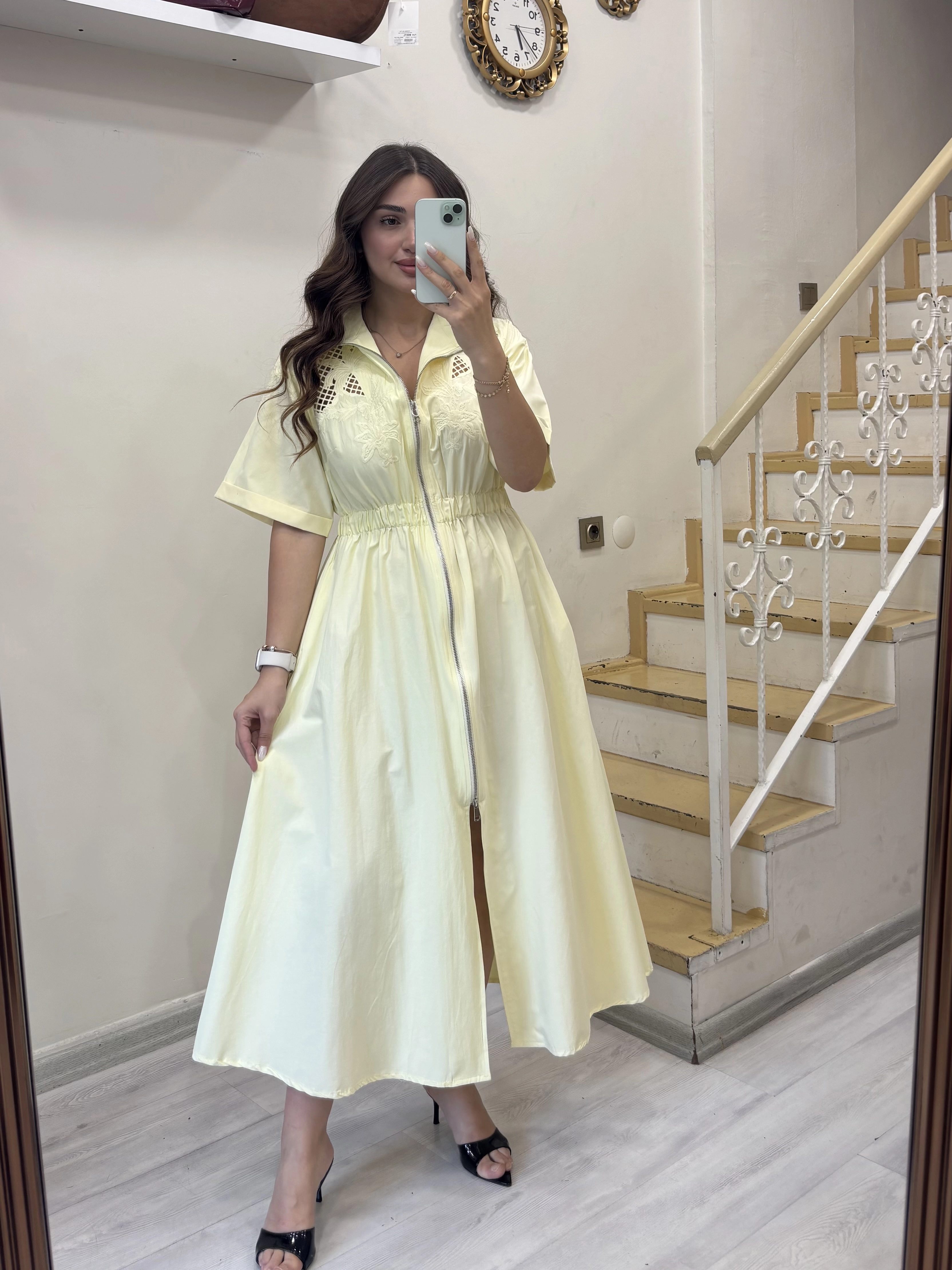Nakışlı Fermuarlı Poplin Elbise
