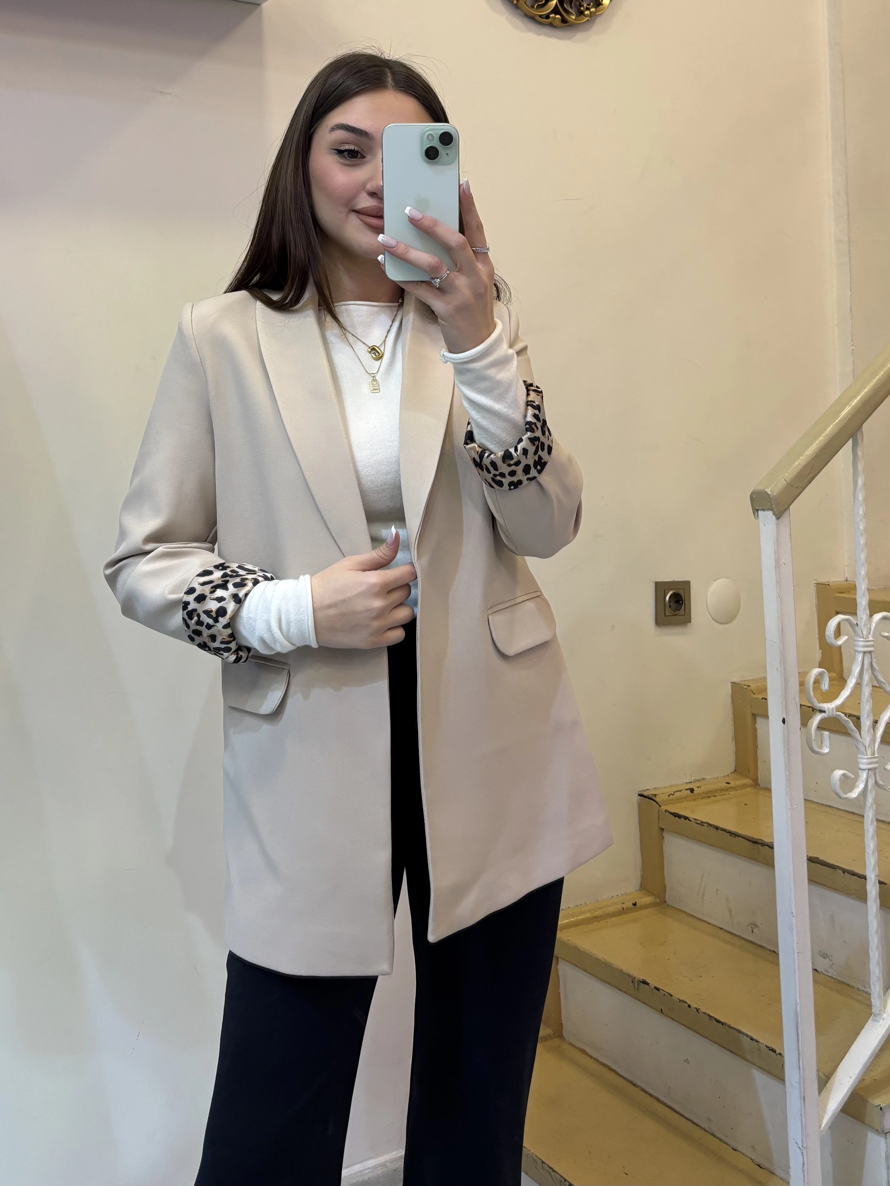 Leopar Astarlı Şal Yaka Blazer Ceket