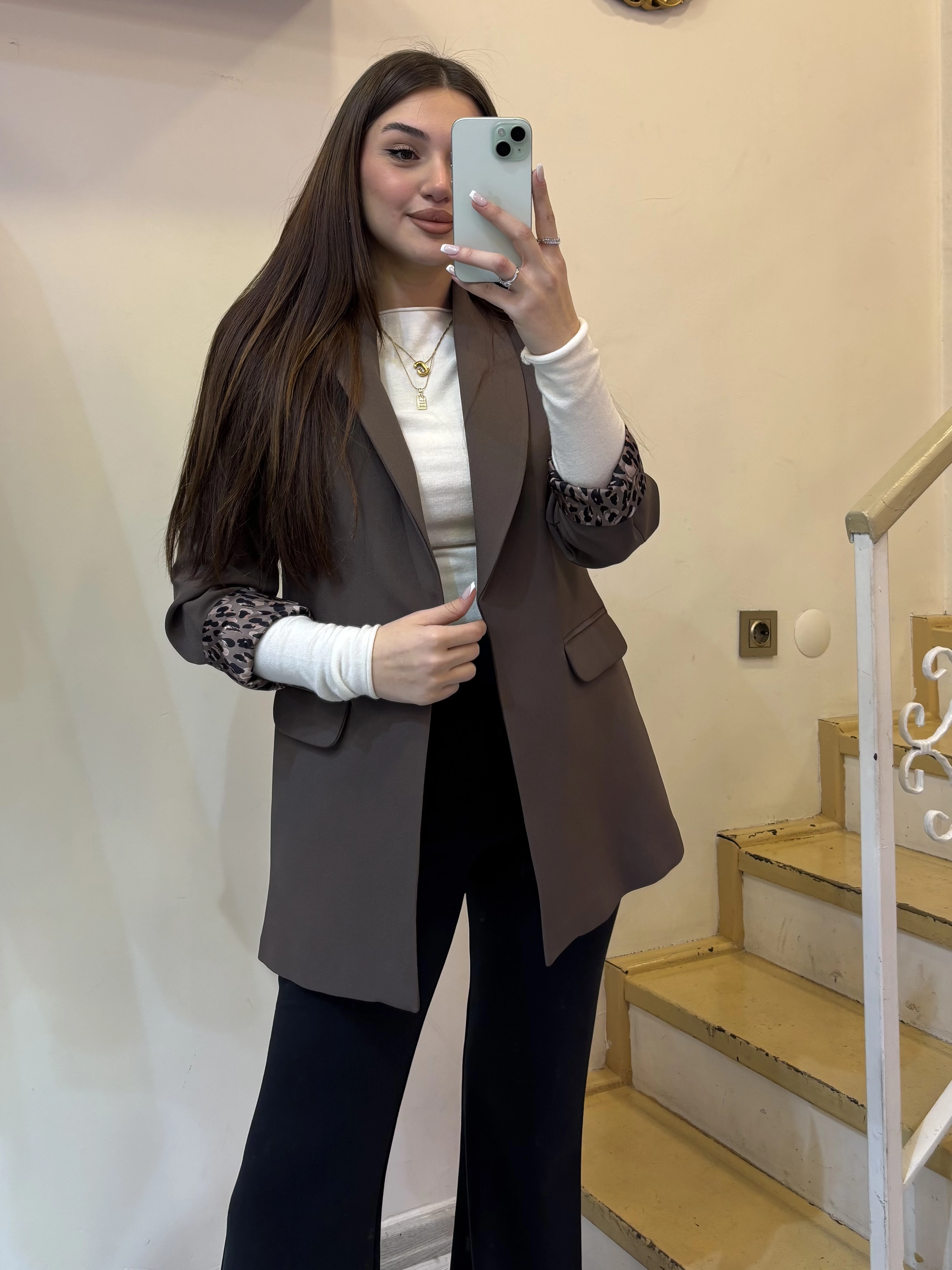 Leopar Astarlı Şal Yaka Blazer Ceket