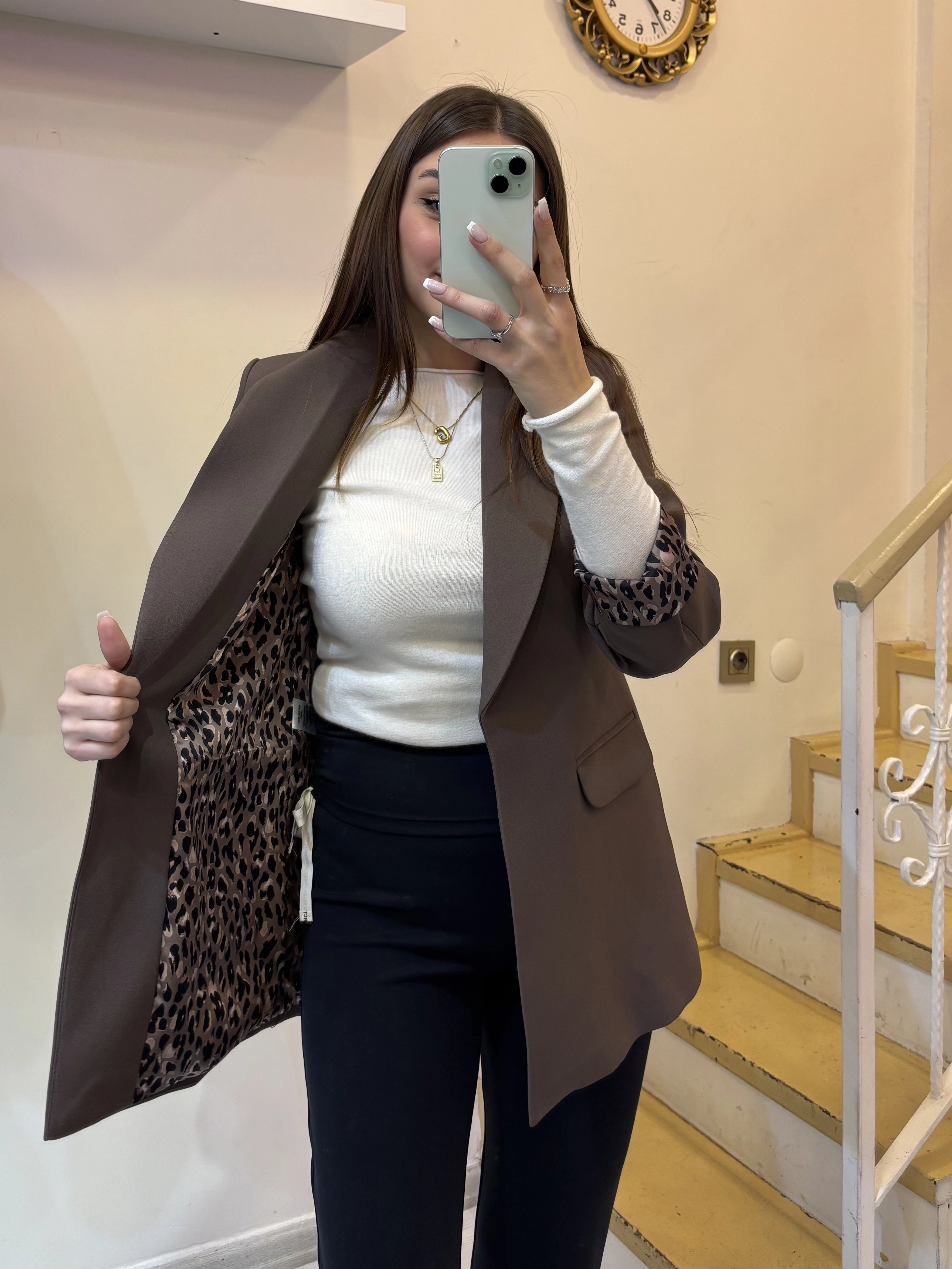 Leopar Astarlı Şal Yaka Blazer Ceket