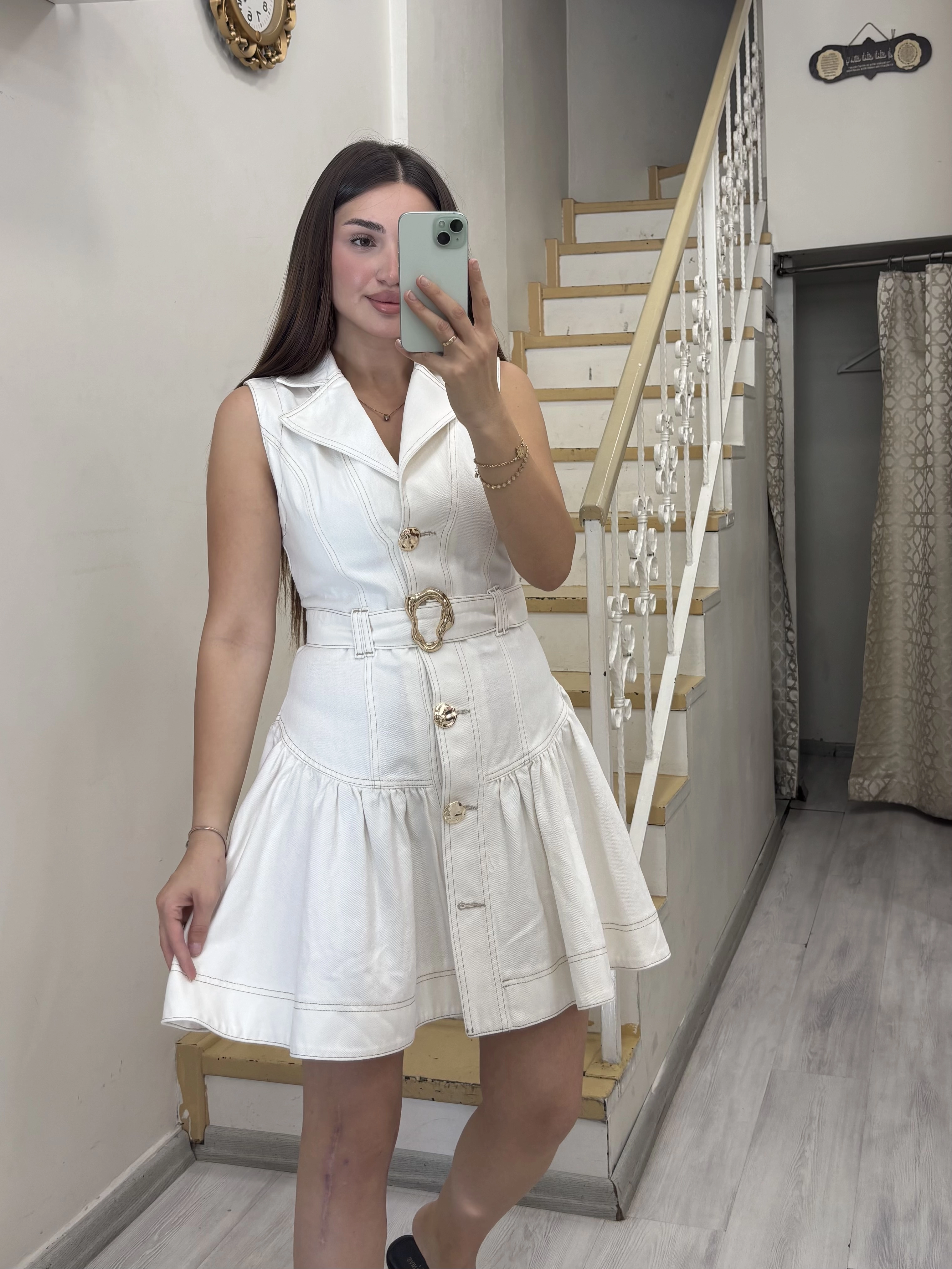 Gold Düğmeli Denim Elbise 