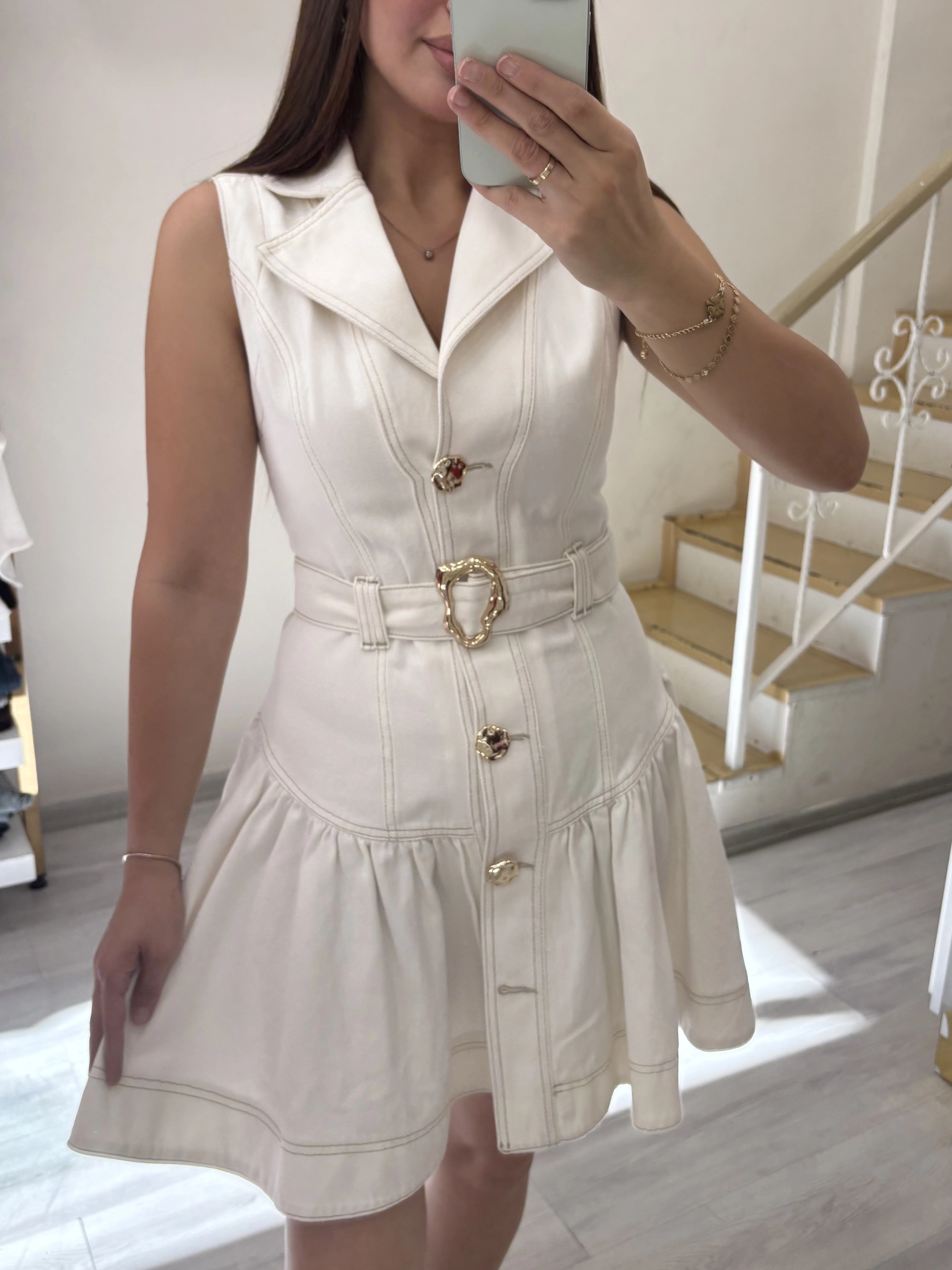 Gold Düğmeli Denim Elbise 