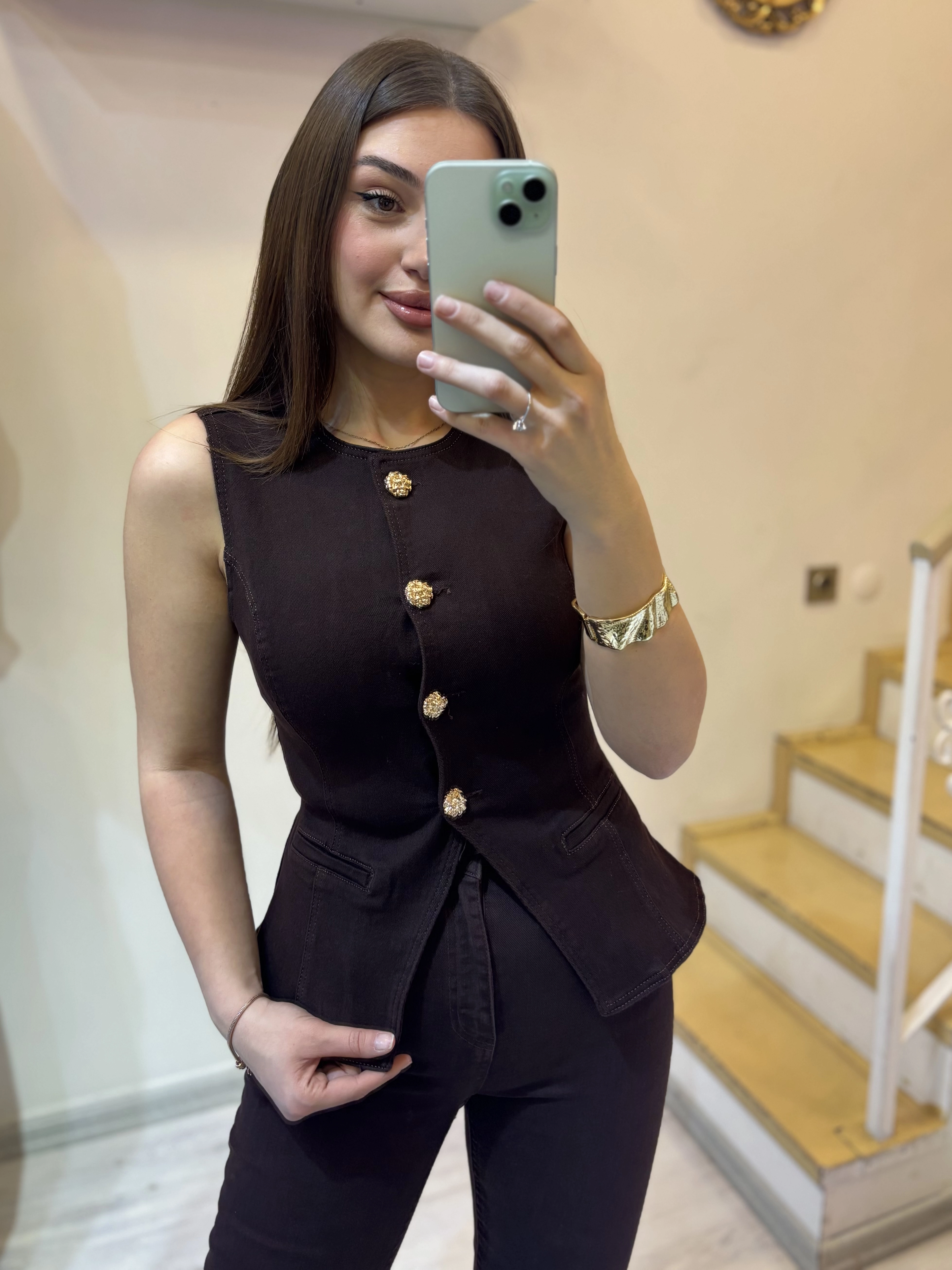 Gold Düğmeli Jean Yelek