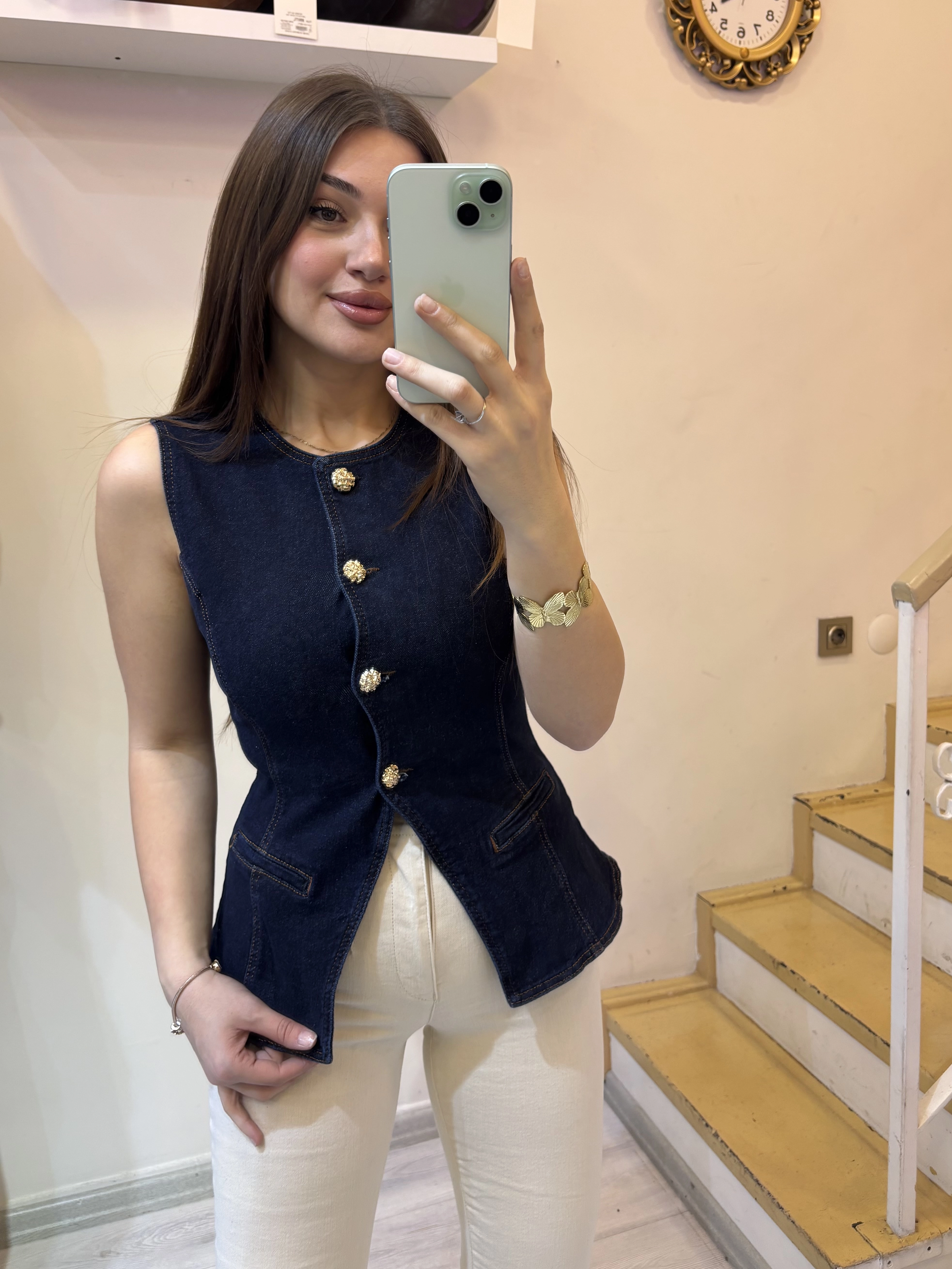 Gold Düğmeli Jean Yelek