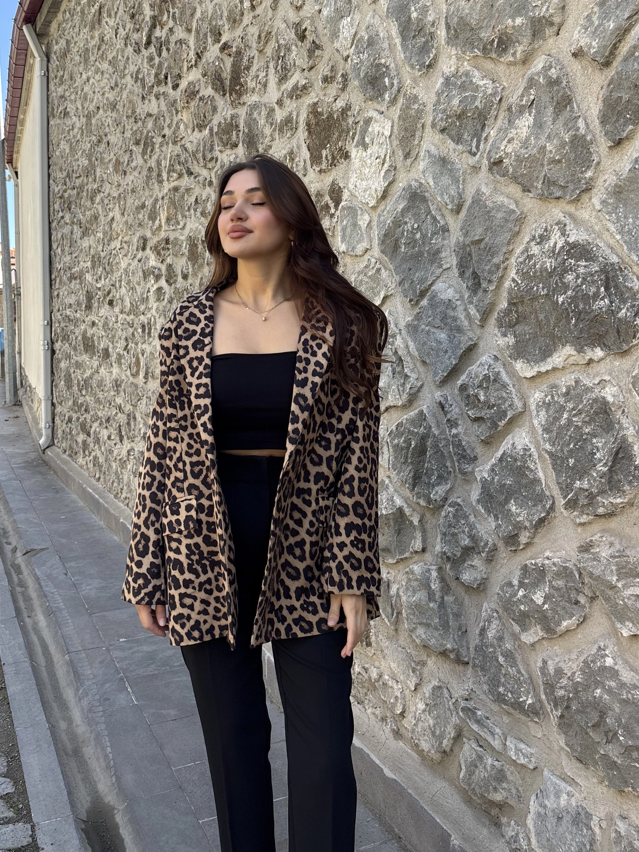 Oversize Astarlı Leopar Ceket