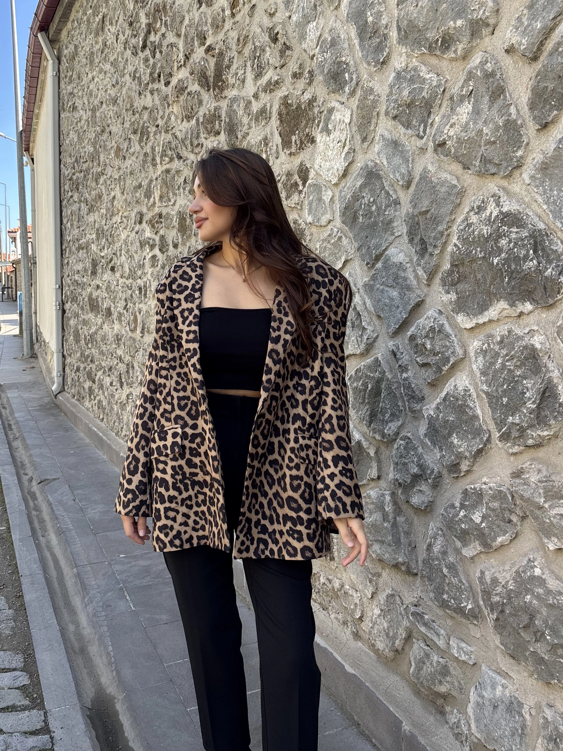 Oversize Astarlı Leopar Ceket