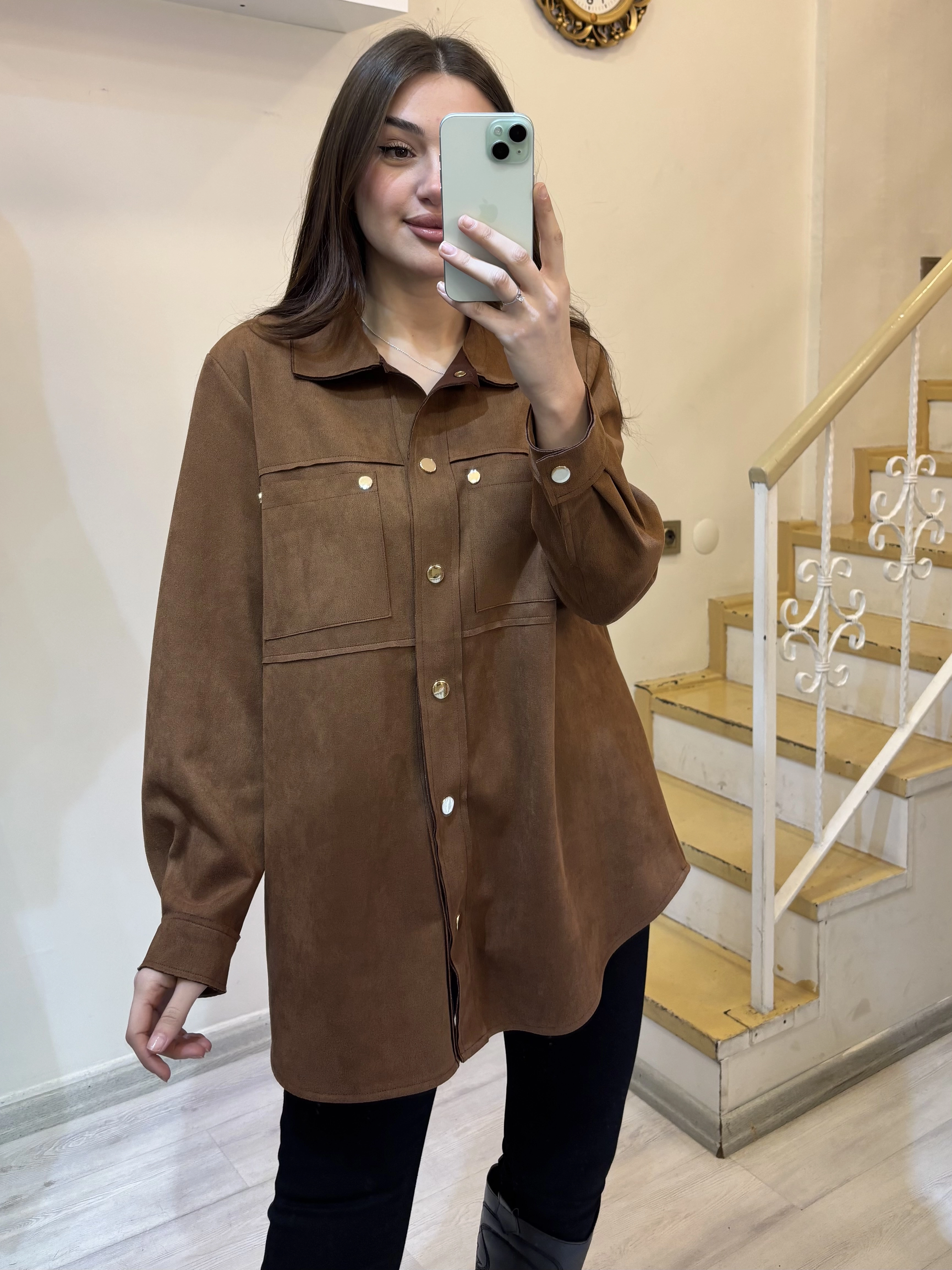 Büyük Beden Çıtçıt Düğmeli Süet Gömlek