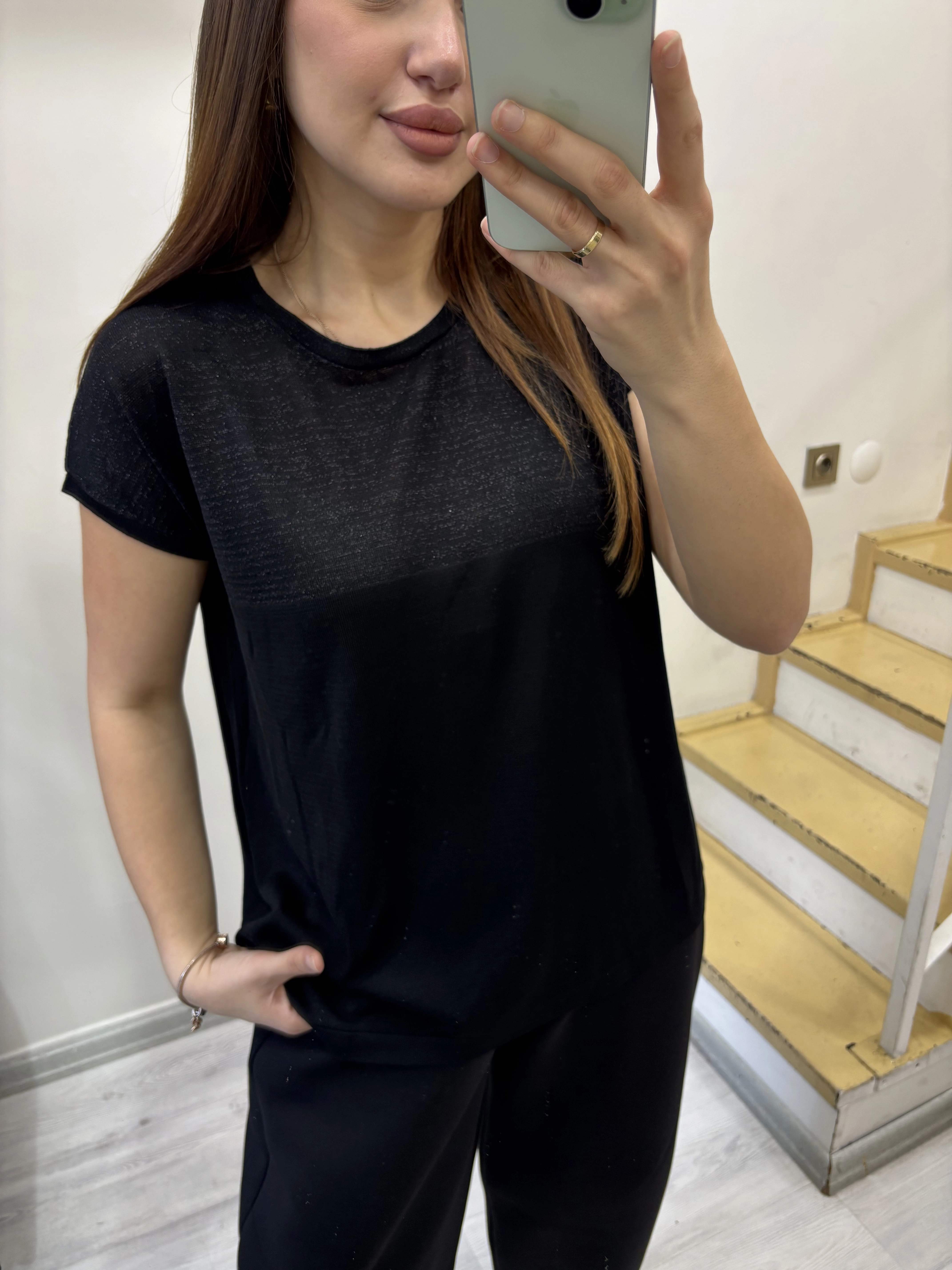 Simli Bisiklet Yaka Merserize Bluz
