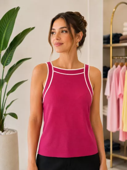 Halter Yaka Çizgili Triko Atlet