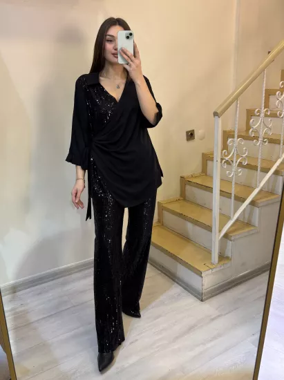 Büyük Beden Beli Lastikli Payetli Pantolon