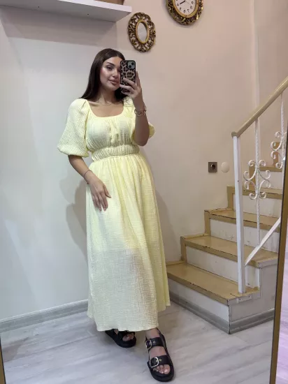 Beli Büzgülü Keten Elbise