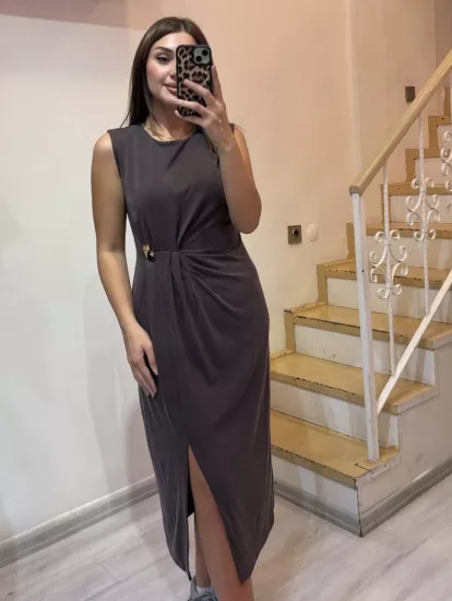 Gold Tokalı Yırtmaçlı Elbise