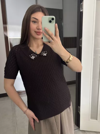 Taşlı Yaka Kısa Kol Merserize Bluz
