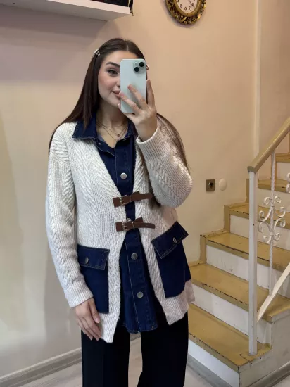 Denim Detaylı Kemerli Triko Hırka