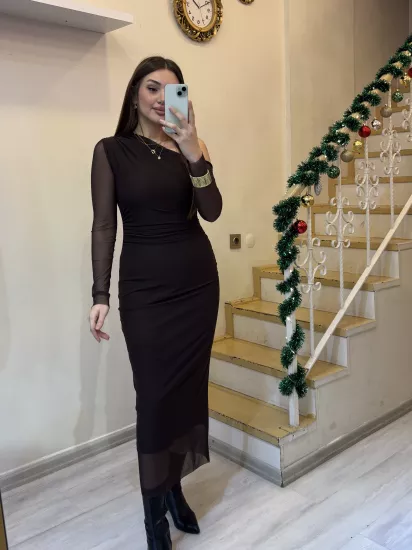 Düşük Omuz Tül Elbise 