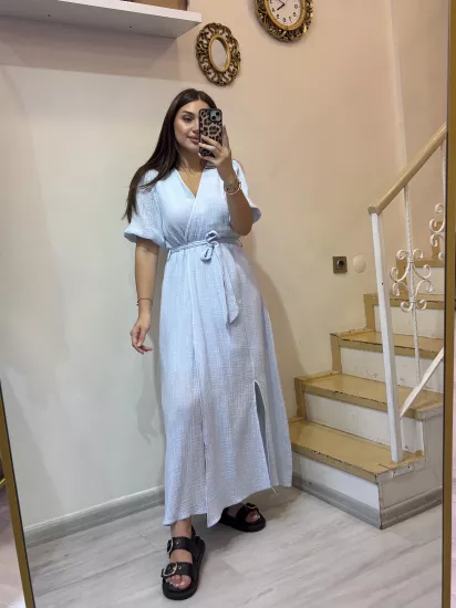 Kruvaze Yaka Keten Elbise