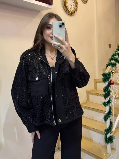 Yüksek Yaka Payetli Ceket 