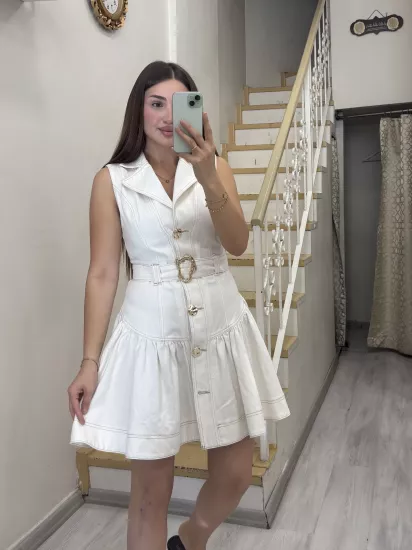 Gold Düğmeli Denim Elbise 