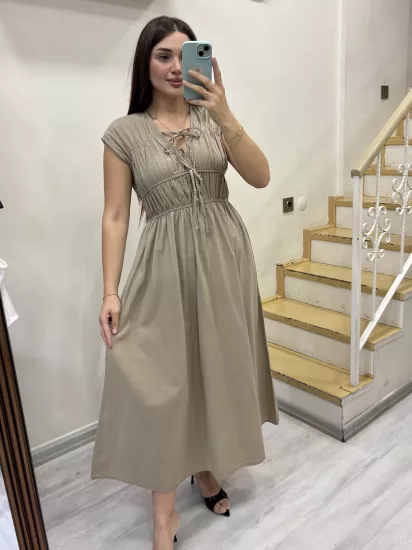 Lastik Detaylı Keten Elbise