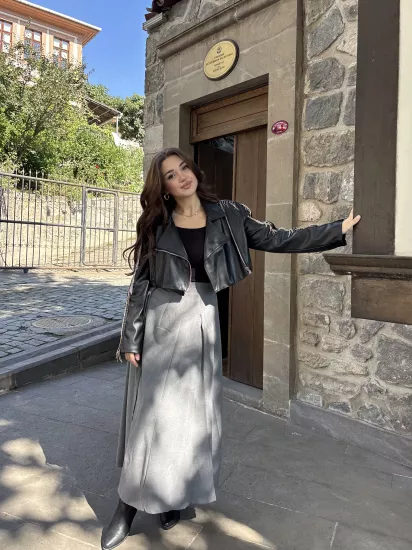 Taşlı Kısa Premium Deri Ceket